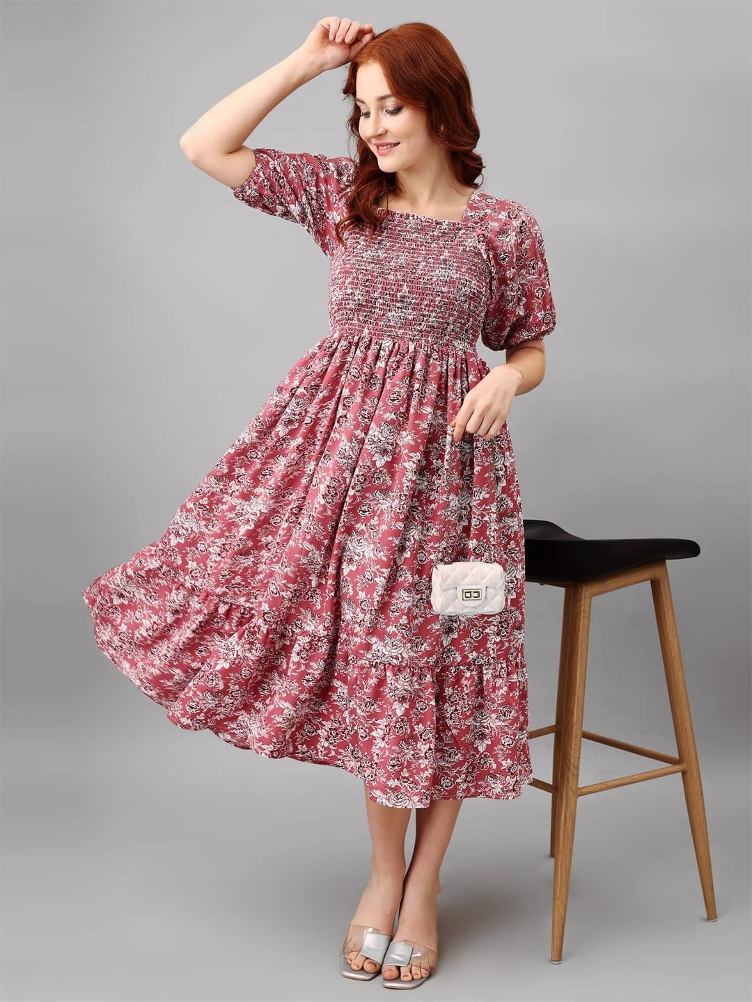     			Raiyani enterprise Women's Polyester Printed Fit & Flare Dress ( Pink )