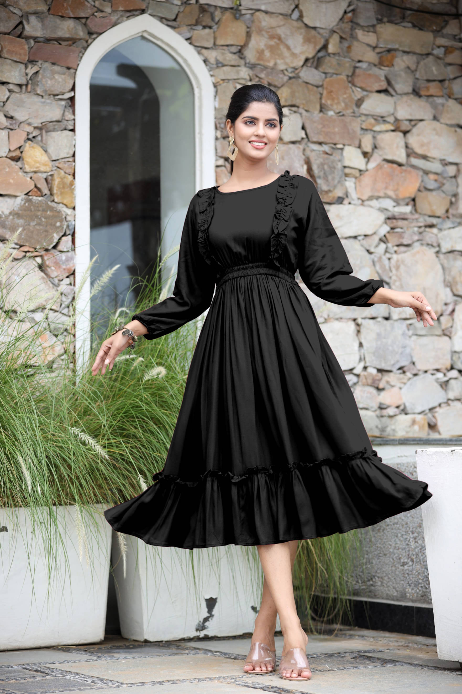 Raiyani enterprise Women's Polyester Solid Fit & Flare Dress ( Black ) Raiyani enterprise Women's Polyester Solid Fit & Flare Dress ( Black )