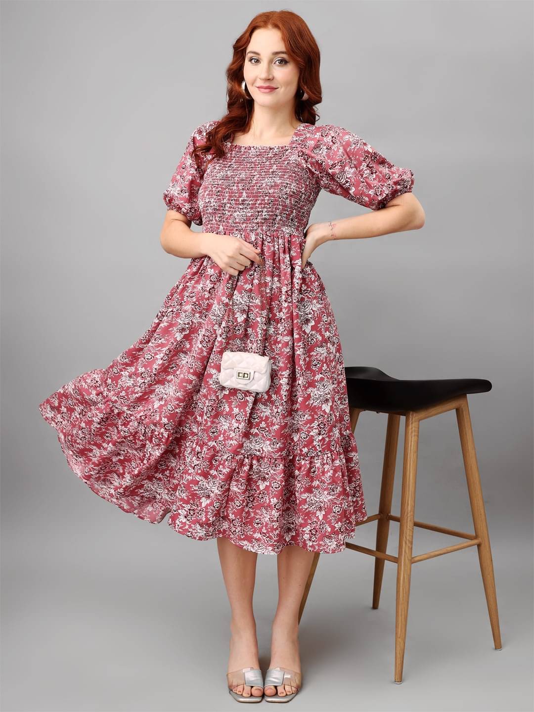     			Raiyani enterprise Women's Polyester Printed Fit & Flare Dress ( Pink )