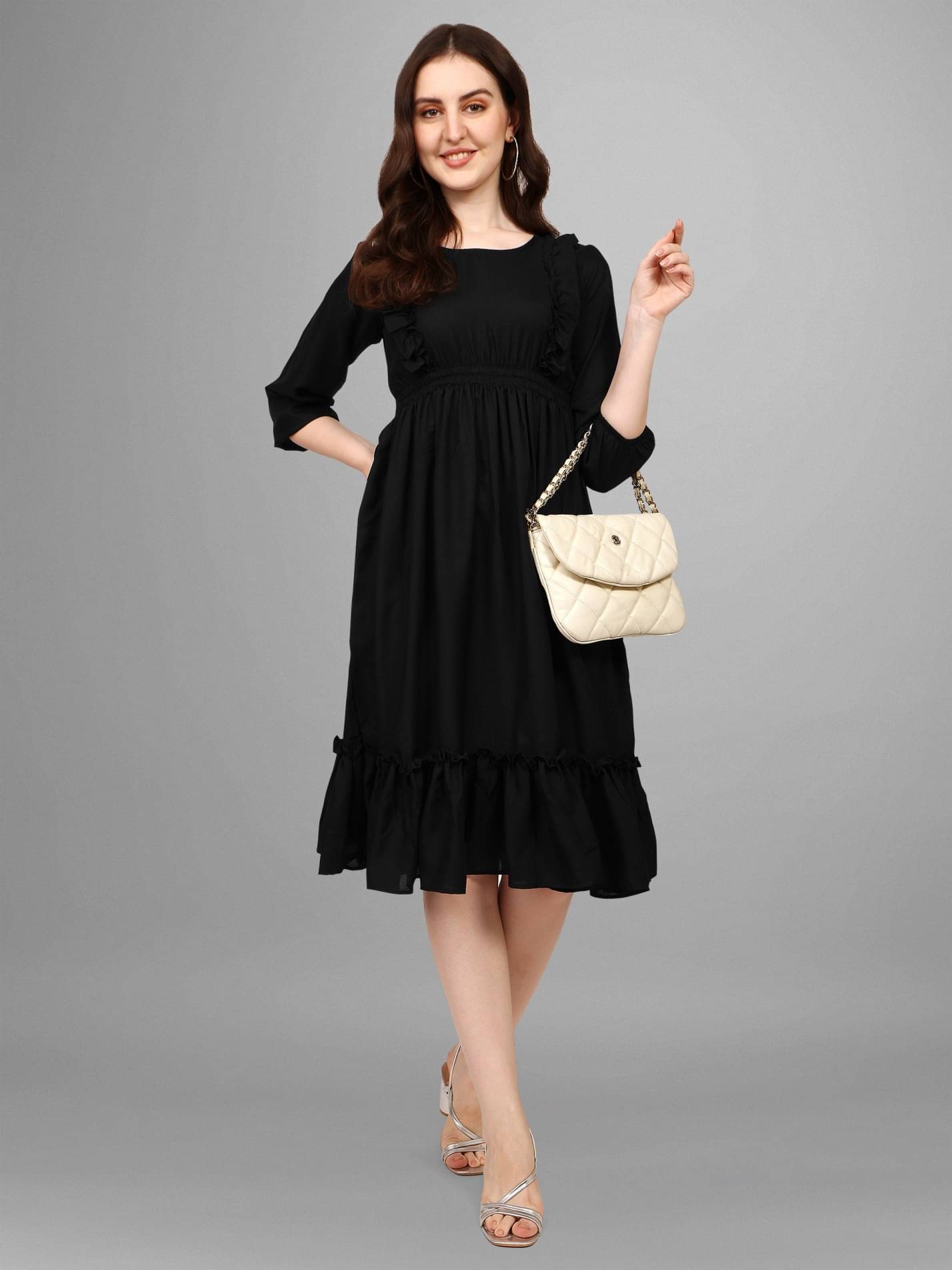 Raiyani enterprise Women's Polyester Solid Fit & Flare Dress ( Black ) Raiyani enterprise Women's Polyester Solid Fit & Flare Dress ( Black )