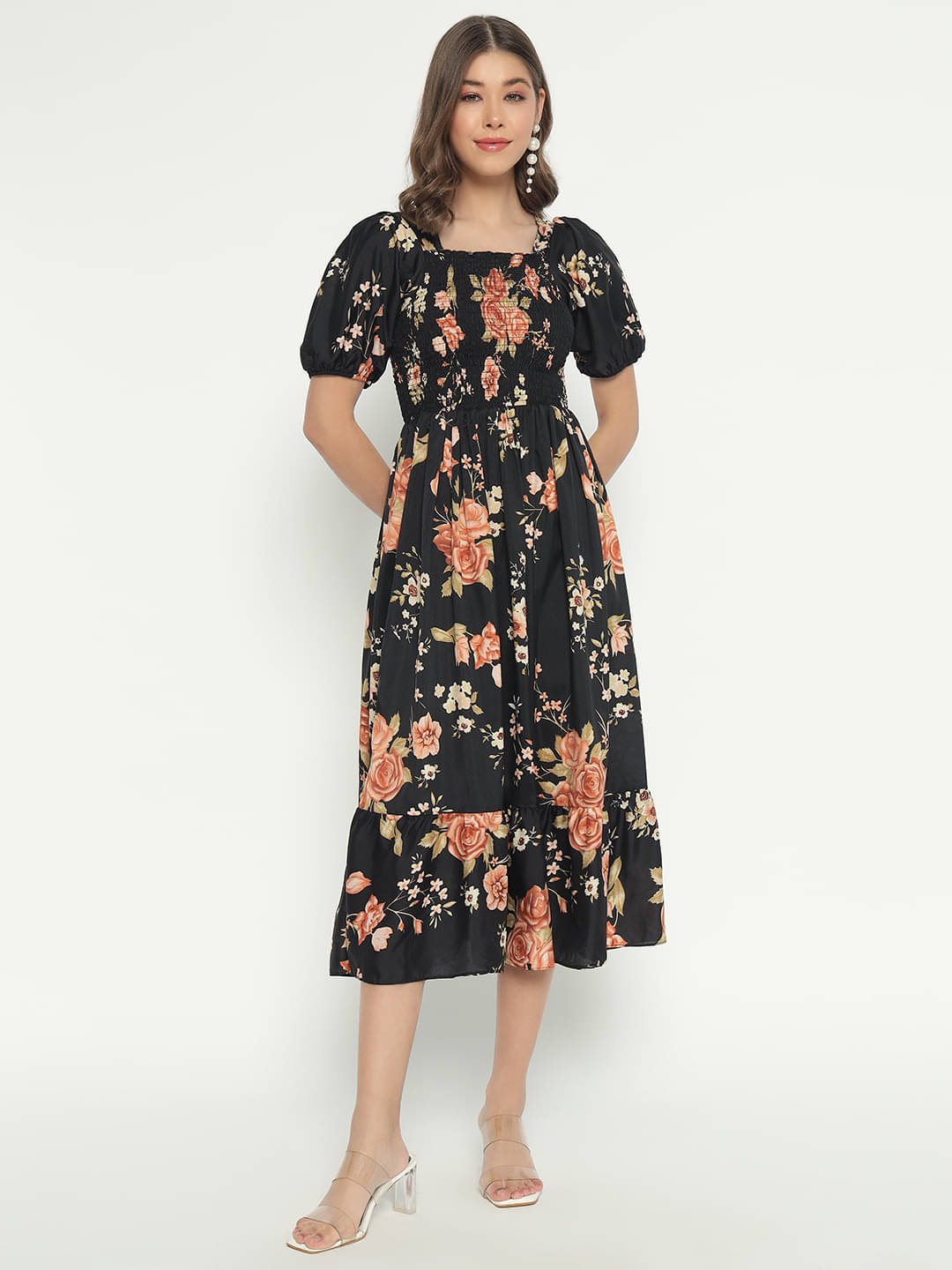 Raiyani enterprise Women's Polyester Printed Fit & Flare Dress ( Black )     			Raiyani enterprise Women's Polyester Printed Fit & Flare Dress ( Black )