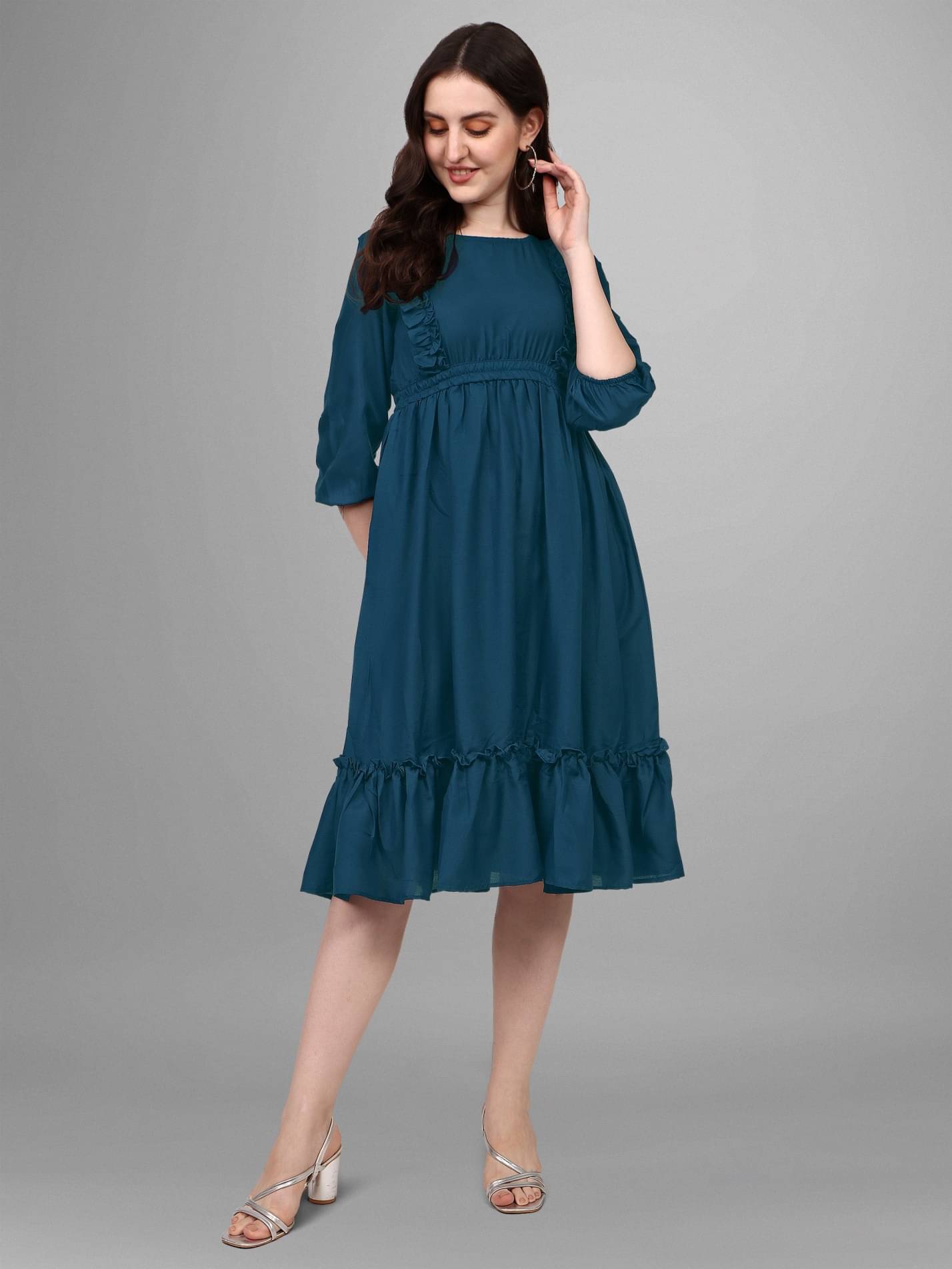 Raiyani enterprise Women's Polyester Solid Fit & Flare Dress ( Blue ) Raiyani enterprise Women's Polyester Solid Fit & Flare Dress ( Blue )