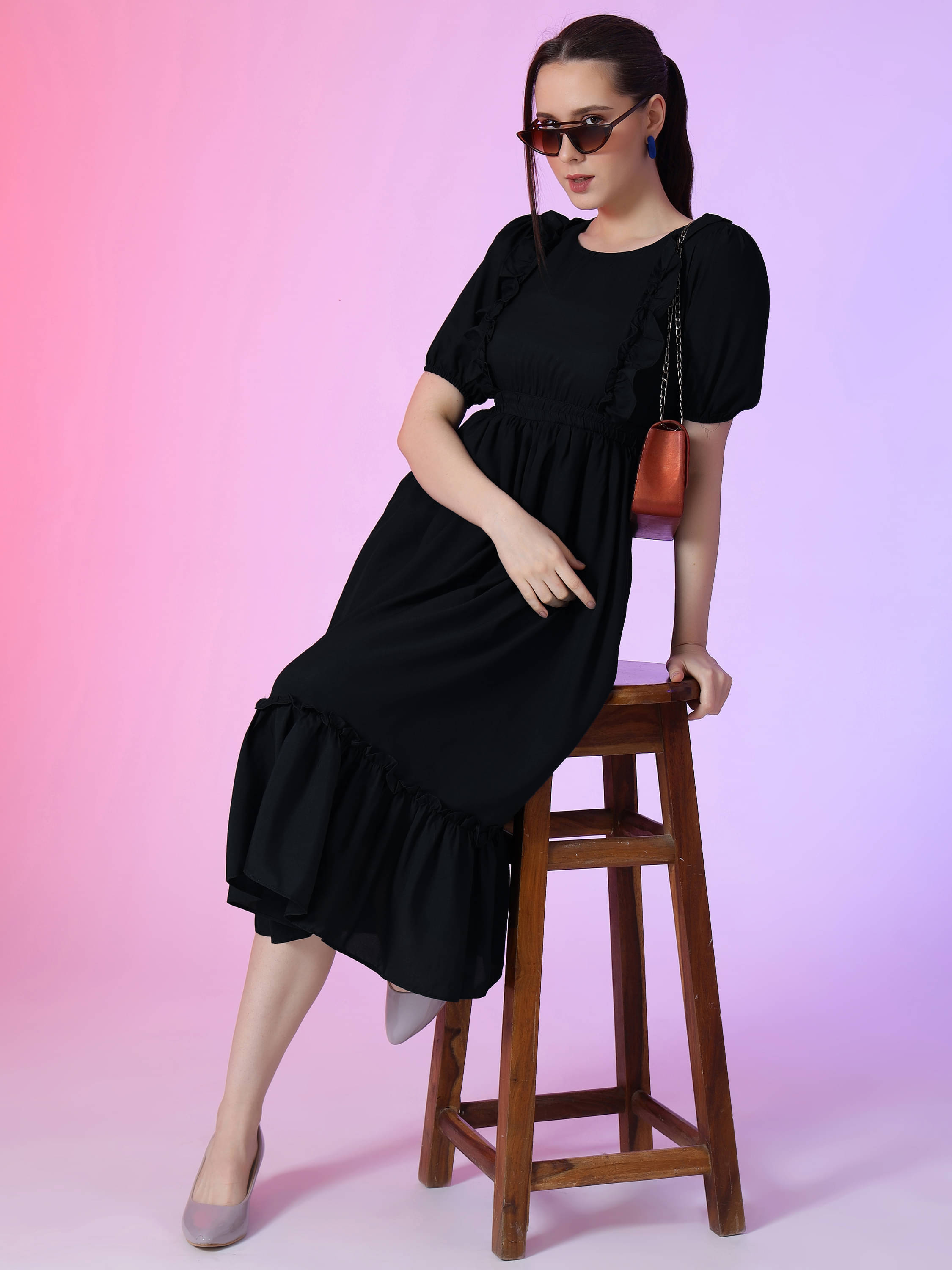     			Raiyani enterprise Women's Polyester Solid Fit & Flare Dress ( Black )