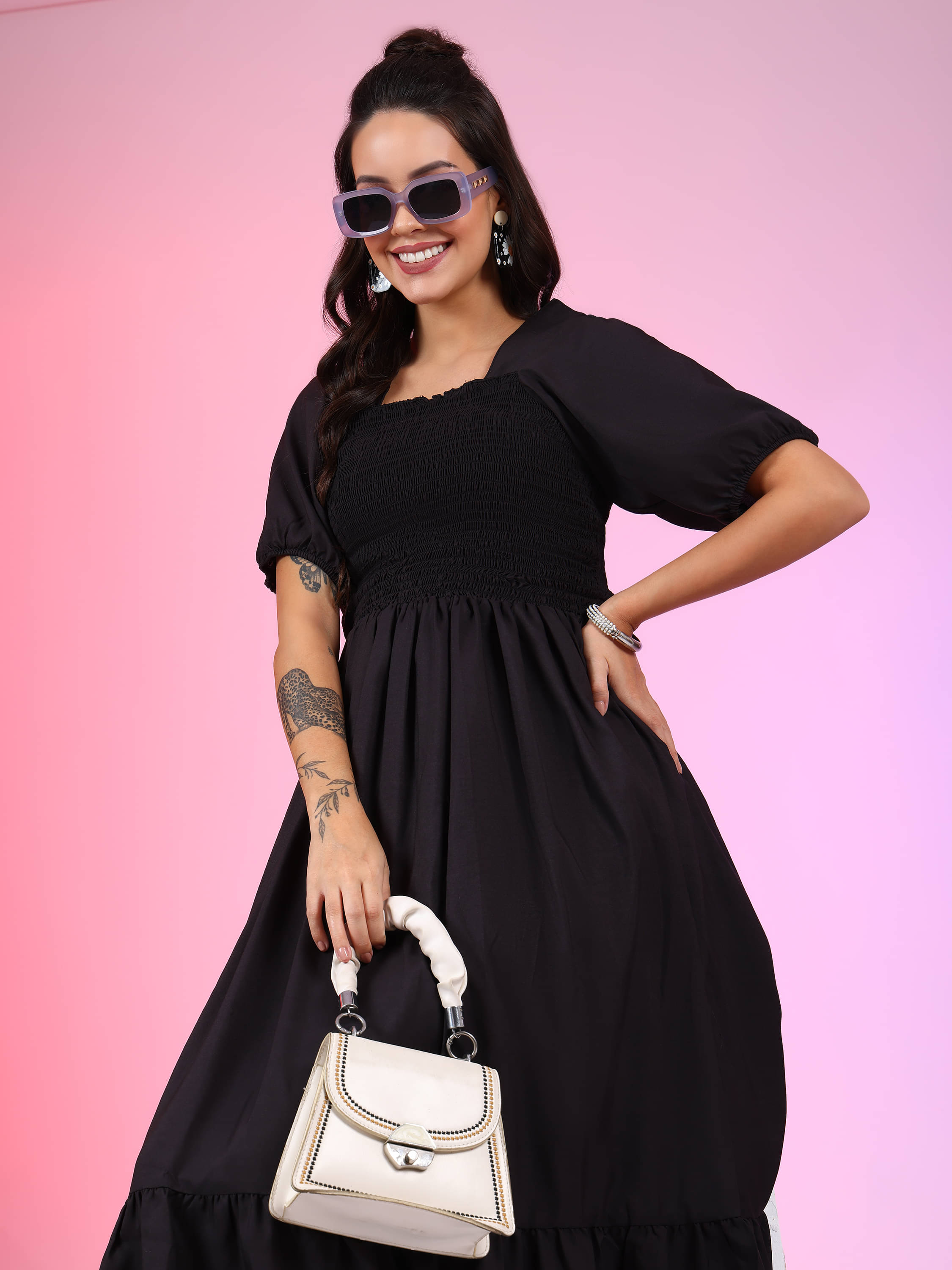 Raiyani enterprise Women's Polyester Solid Fit & Flare Dress ( Black ) Raiyani enterprise Women's Polyester Solid Fit & Flare Dress ( Black )