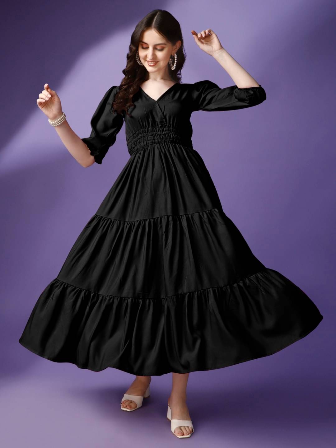 Raiyani enterprise Women's Polyester Printed Fit & Flare Dress ( Black ) Raiyani enterprise Women's Polyester Printed Fit & Flare Dress ( Black )
