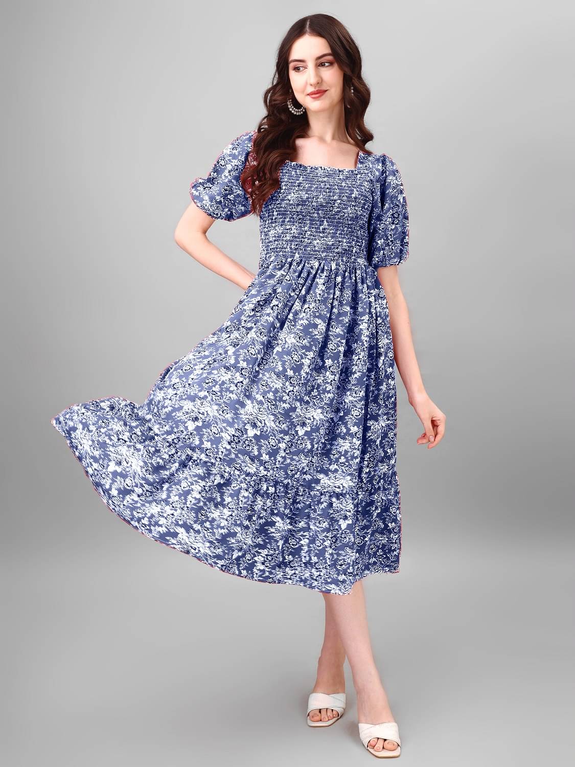 Raiyani enterprise Women's Polyester Printed Fit & Flare Dress ( Blue ) Raiyani enterprise Women's Polyester Printed Fit & Flare Dress ( Blue )