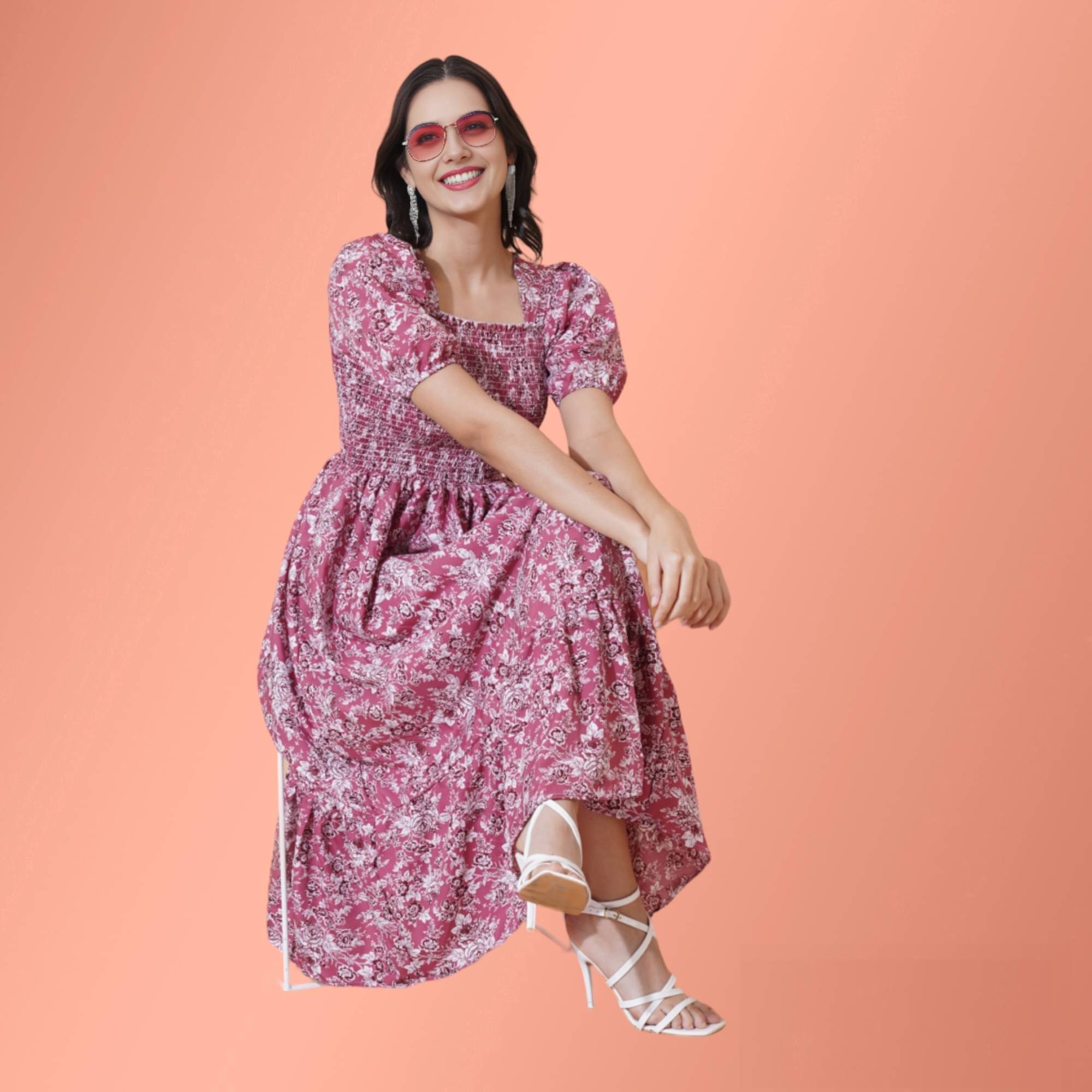 Raiyani enterprise Women's Polyester Printed Fit & Flare Dress ( Pink ) Raiyani enterprise Women's Polyester Printed Fit & Flare Dress ( Pink )