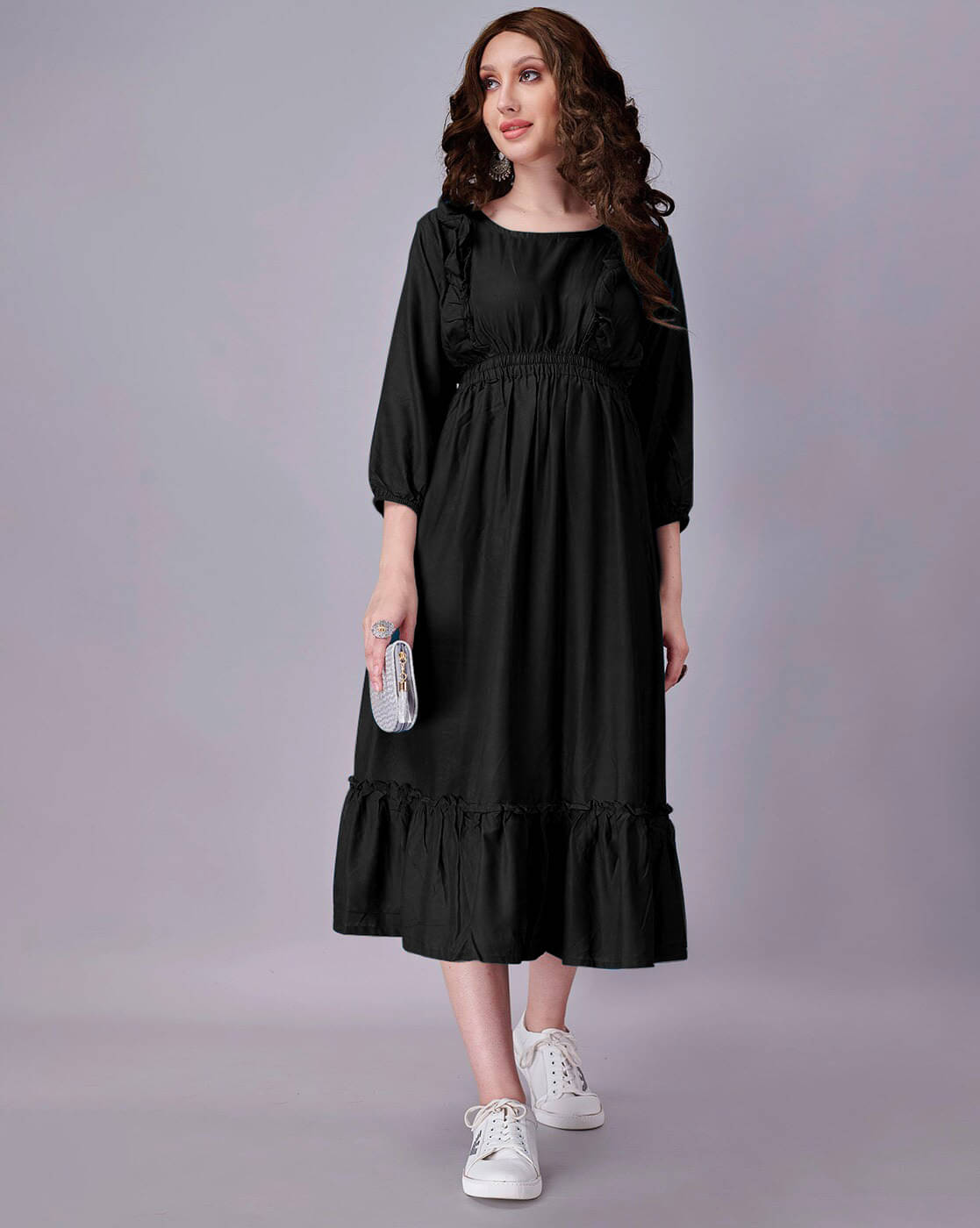Raiyani enterprise Women's Polyester Solid Fit & Flare Dress ( Black ) Raiyani enterprise Women's Polyester Solid Fit & Flare Dress ( Black )