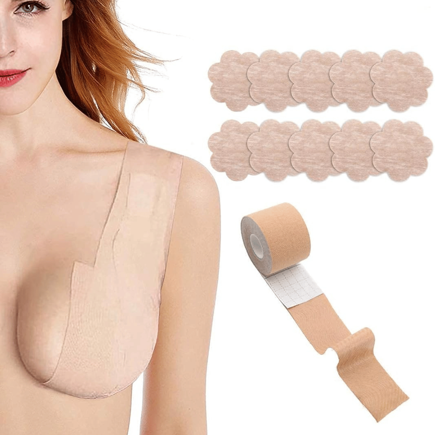kramox Cuttable Breast Lift Tape Adhesive - Boob Tape Roll with Free Nipple Pasties 5-Metre Multipurpose Body Tape Or Women Push Up & Lifting Breast, No Show Bra, Skin Friendly Beige