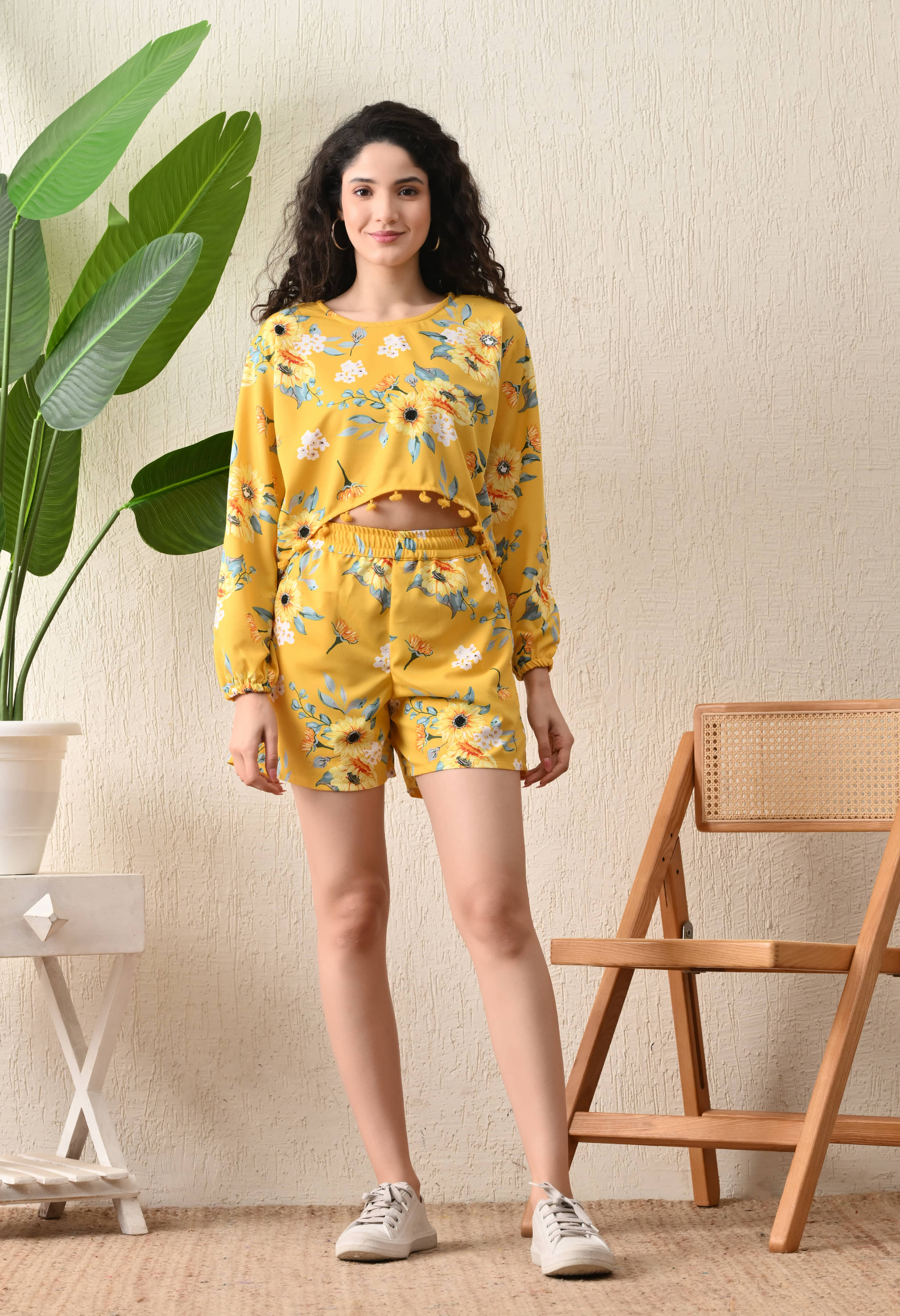     			Fasanger Women Printed Top With Shorts Co-Ord Set ( Yellow )