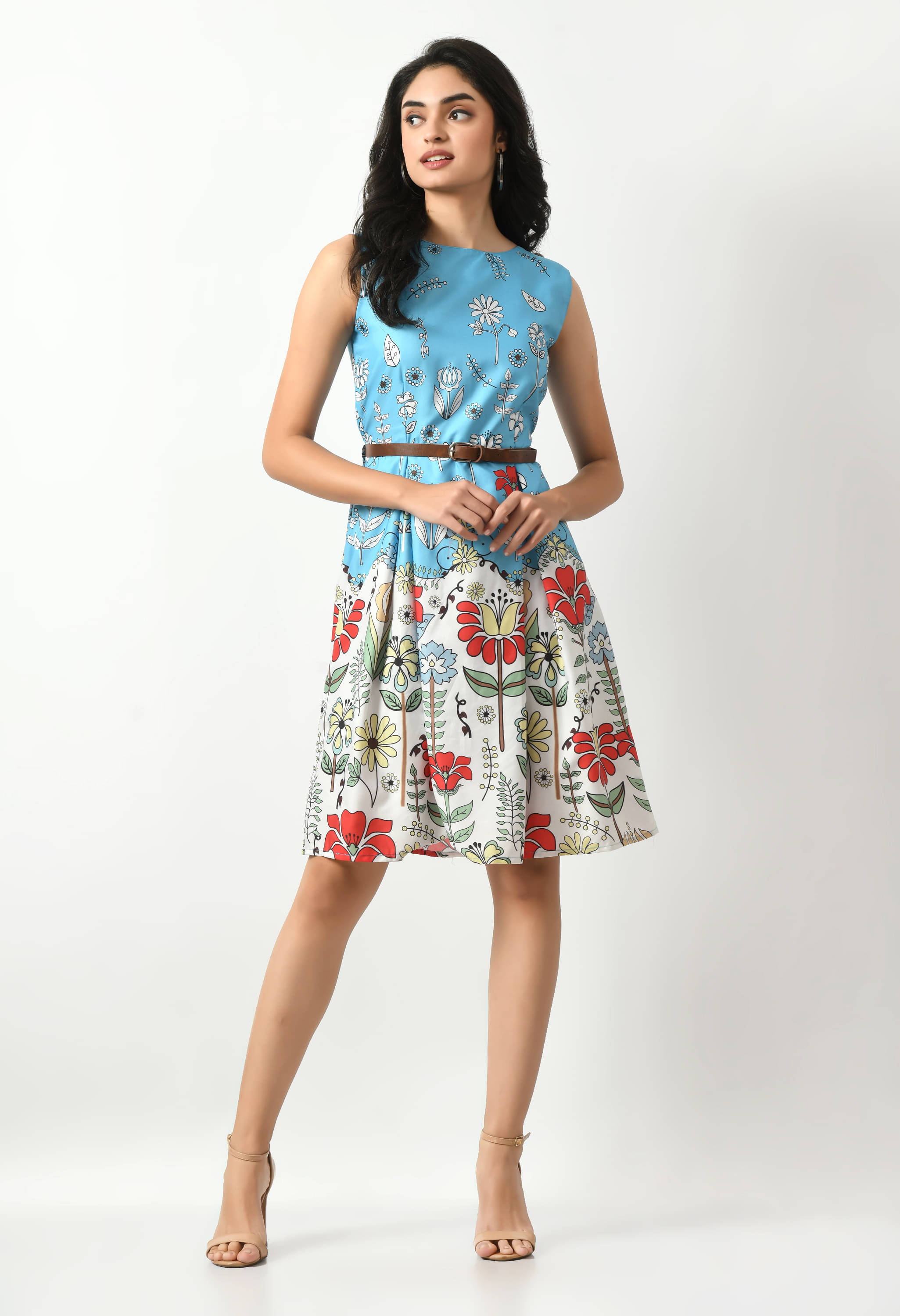 Fasanger Women's Crepe Printed Fit & Flare Dress ( Blue ) Fasanger Women's Crepe Printed Fit & Flare Dress ( Blue )