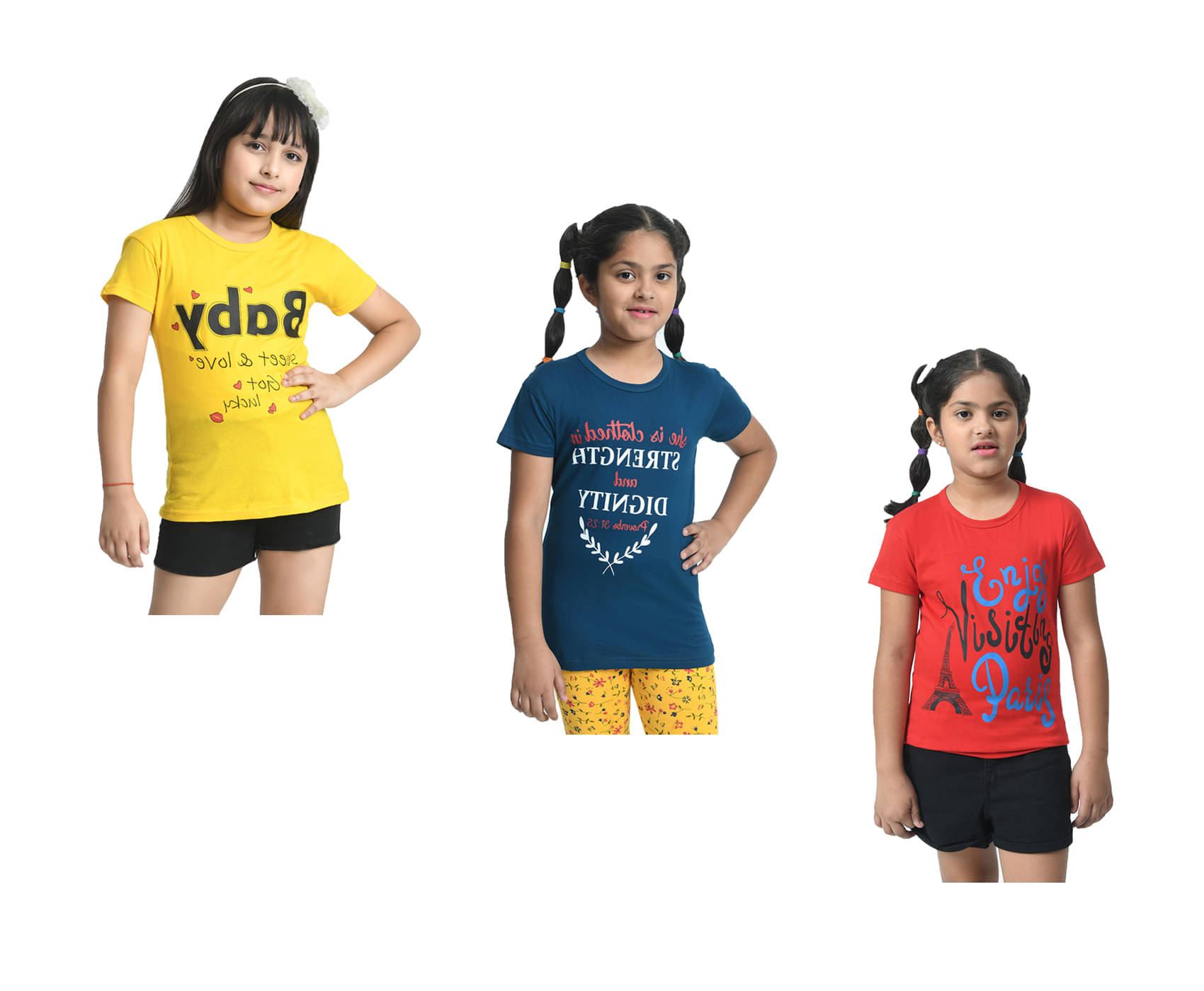     			IndiWeaves Pack of 3 Girls Cotton T-Shirt ( Multicolor )