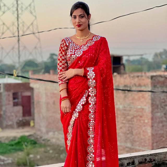Nil Madhav Art Georgette Embroidered Saree With Unstitched Blouse Piece ( Red ) - Sarees | Buy online on ZillyBuy