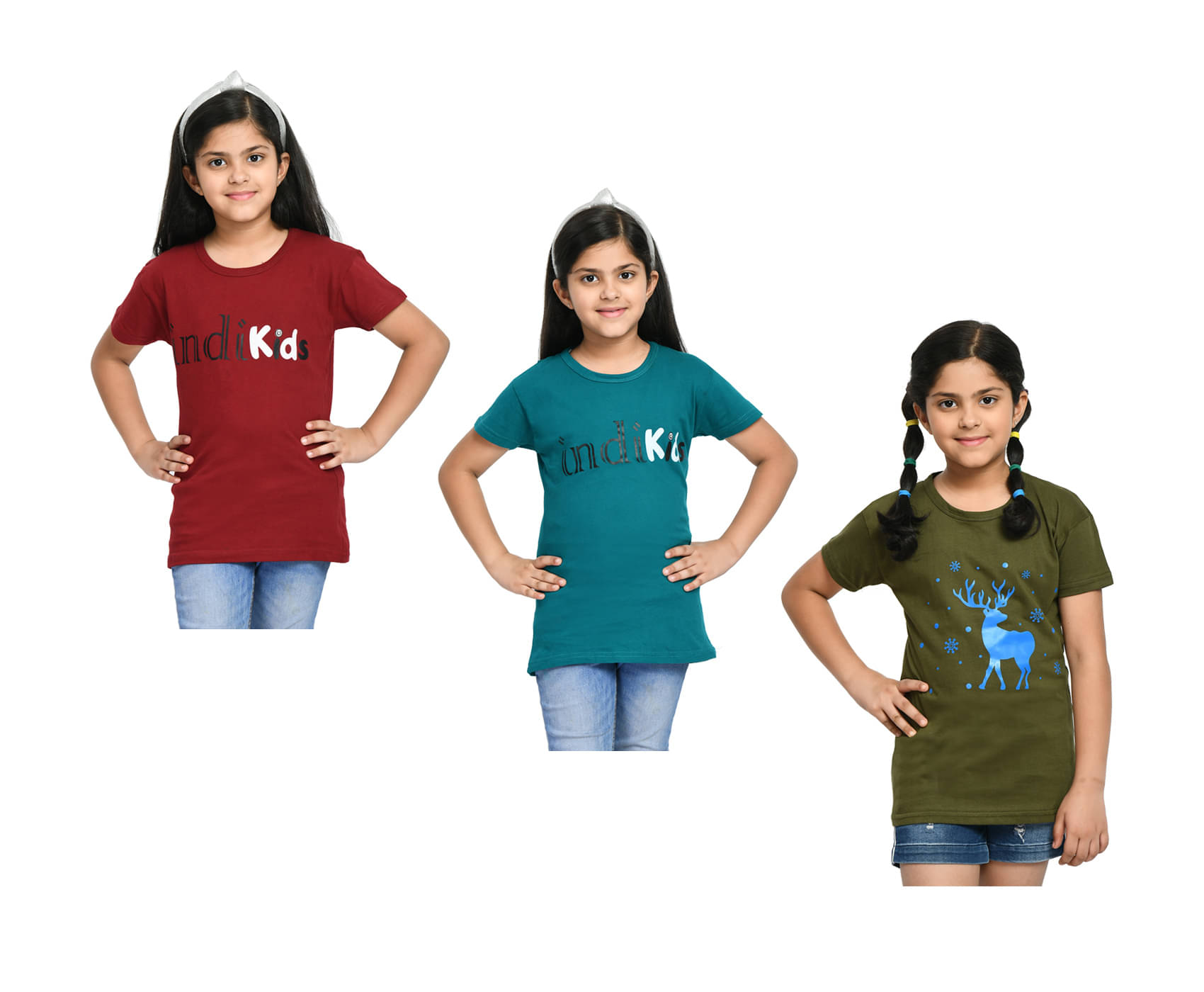     			IndiWeaves Pack of 3 Girls Cotton T-Shirt ( Multicolor )