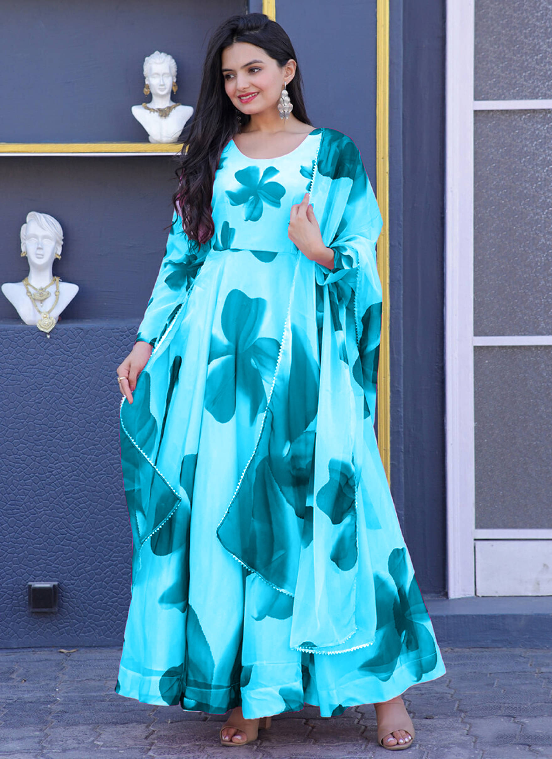 Krunal Raiyani Women's Cotton Blend Printed Flared Kurti with Dupatta - ( Blue ) Krunal Raiyani Women's Cotton Blend Printed Flared Kurti with Dupatta - ( Blue )