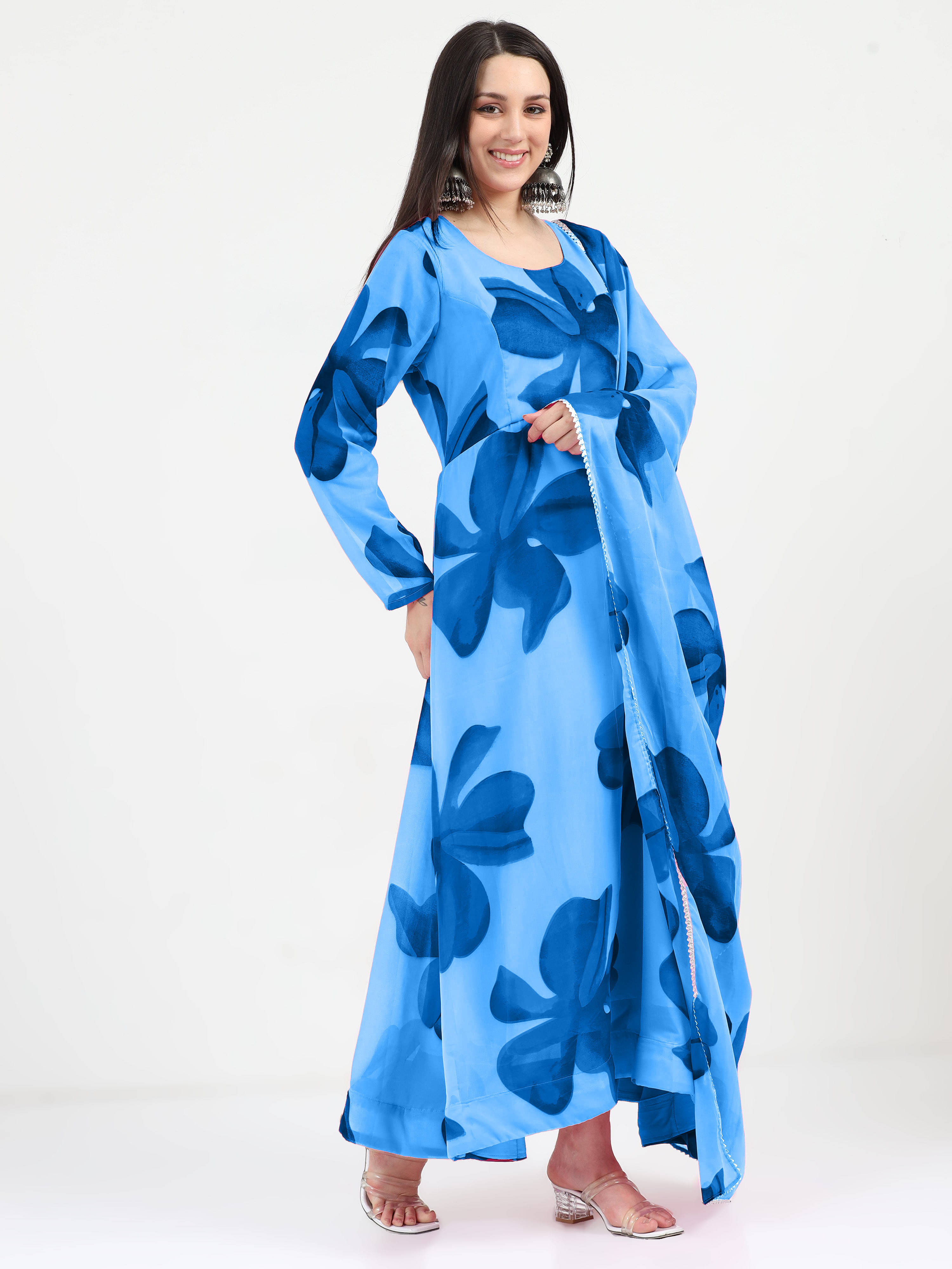 Krunal Raiyani Women's Cotton Blend Printed Fit & Flare Dress ( Blue )     			Krunal Raiyani Women's Cotton Blend Printed Fit & Flare Dress ( Blue )