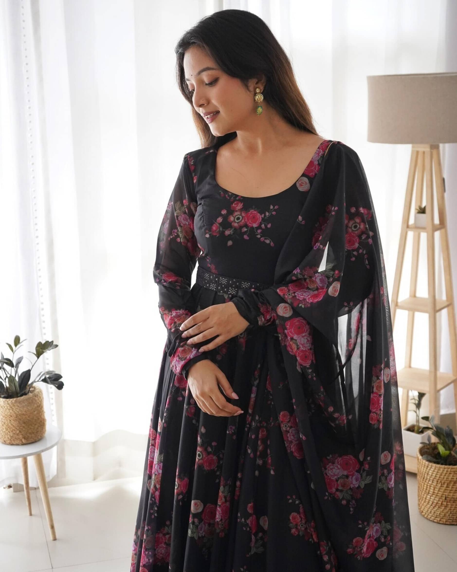 Krunal Raiyani Women's Cotton Blend Printed Fit & Flare Dress ( Black )