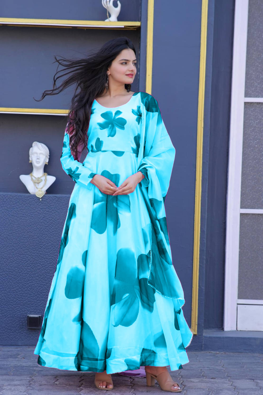 Krunal Raiyani Women's Cotton Blend Printed Flared Kurti with Dupatta - ( Blue ) Krunal Raiyani Women's Cotton Blend Printed Flared Kurti with Dupatta - ( Blue )