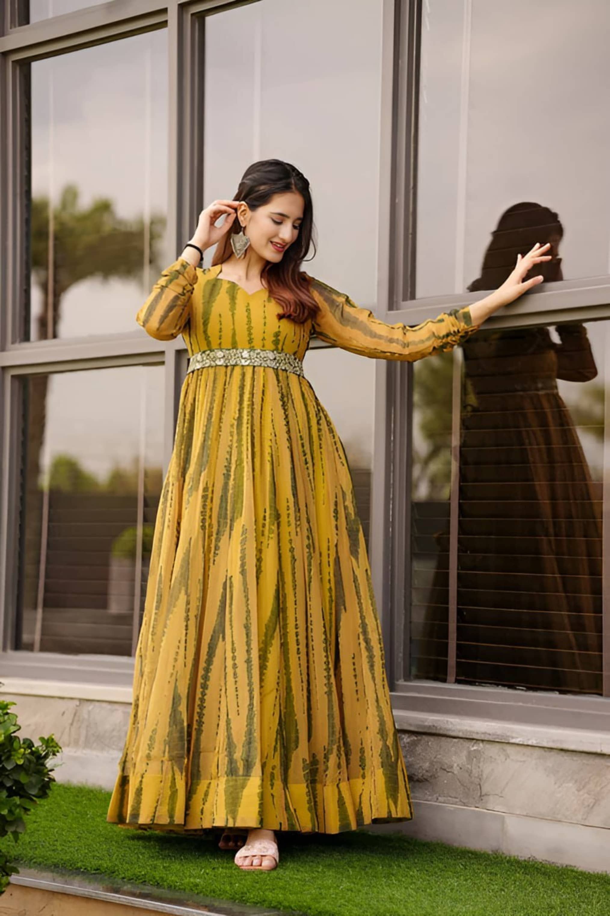 Krunal Raiyani Women's Cotton Blend Printed Fit & Flare Dress ( Yellow )