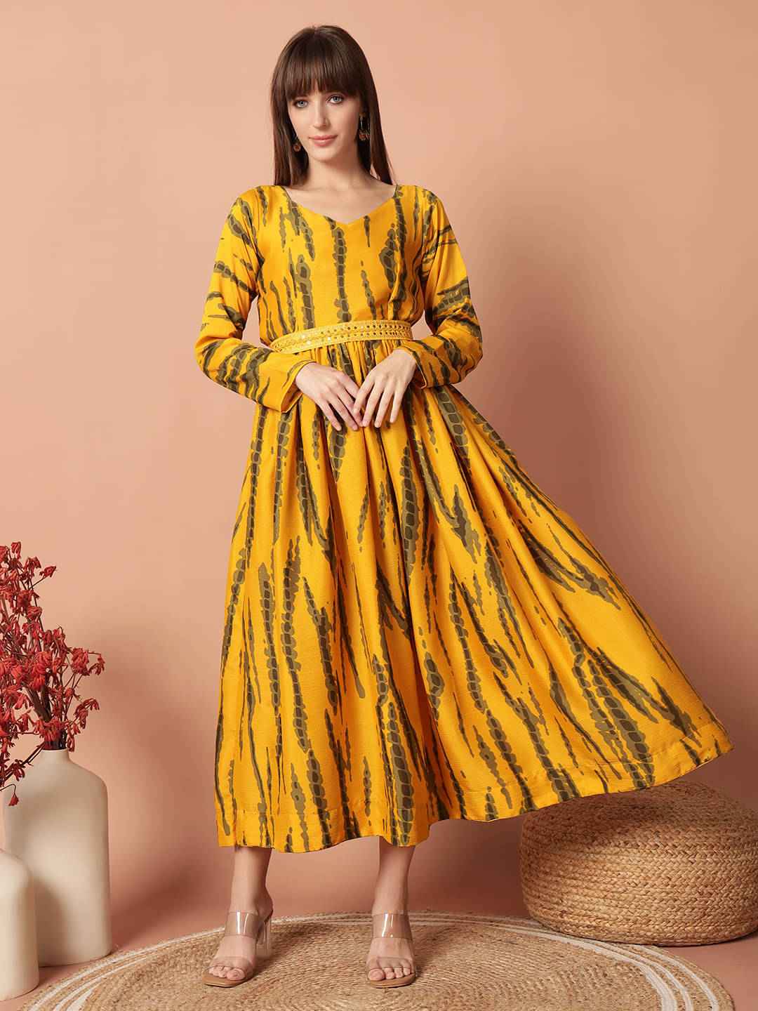     			Krunal Raiyani Women's Cotton Blend Printed Fit & Flare Dress ( Yellow )