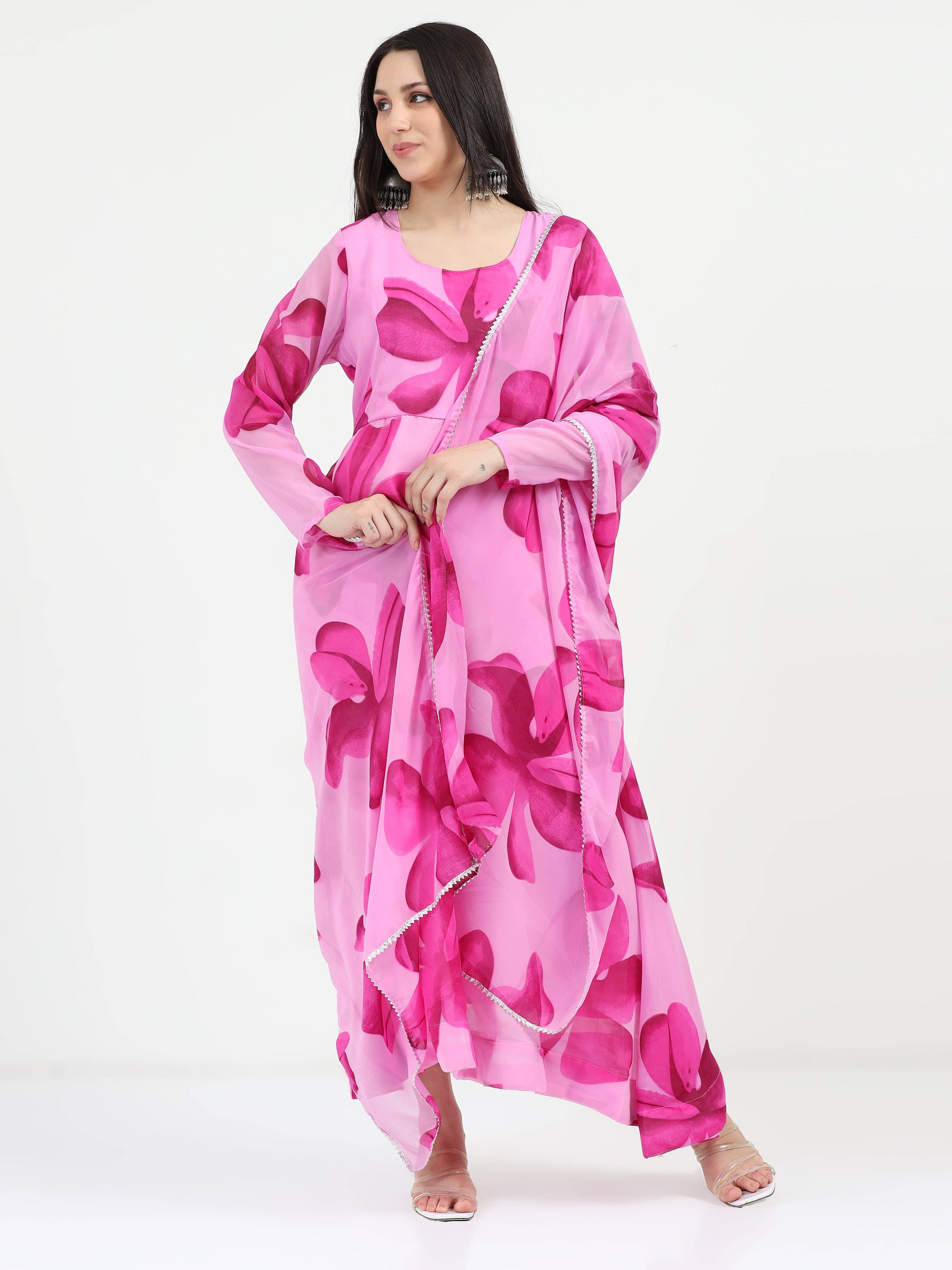 Krunal Raiyani Women's Cotton Blend Printed Fit & Flare Dress ( Pink ) Krunal Raiyani Women's Cotton Blend Printed Fit & Flare Dress ( Pink )