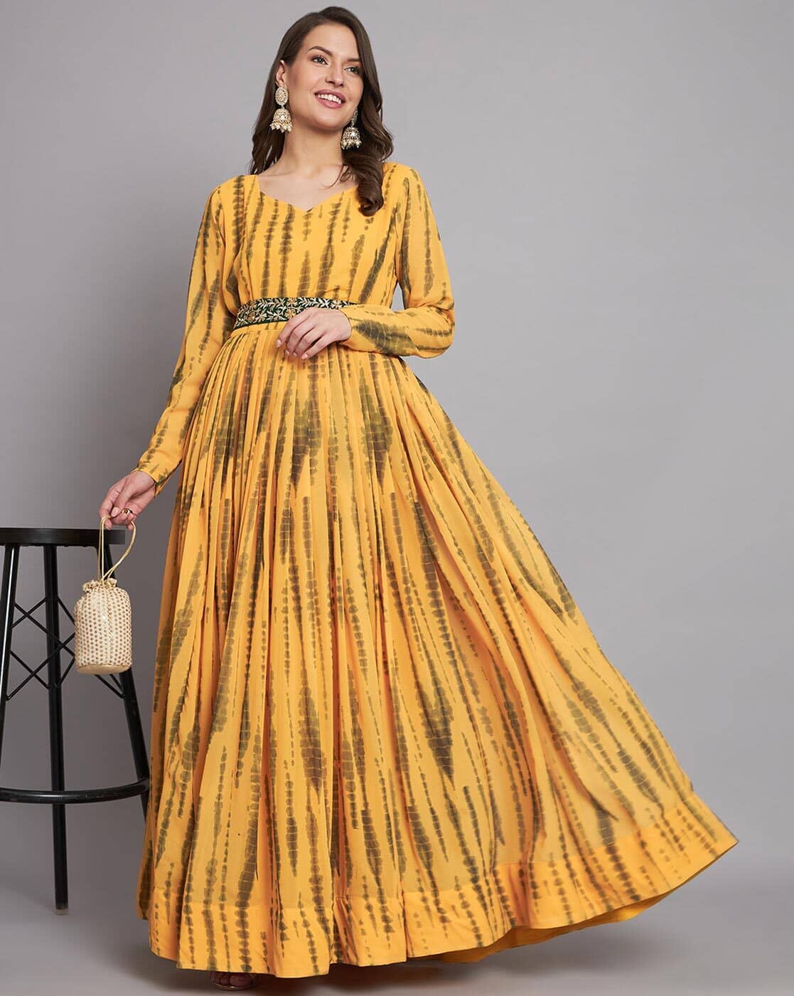 Krunal Raiyani Women's Cotton Blend Printed Fit & Flare Dress ( Yellow )