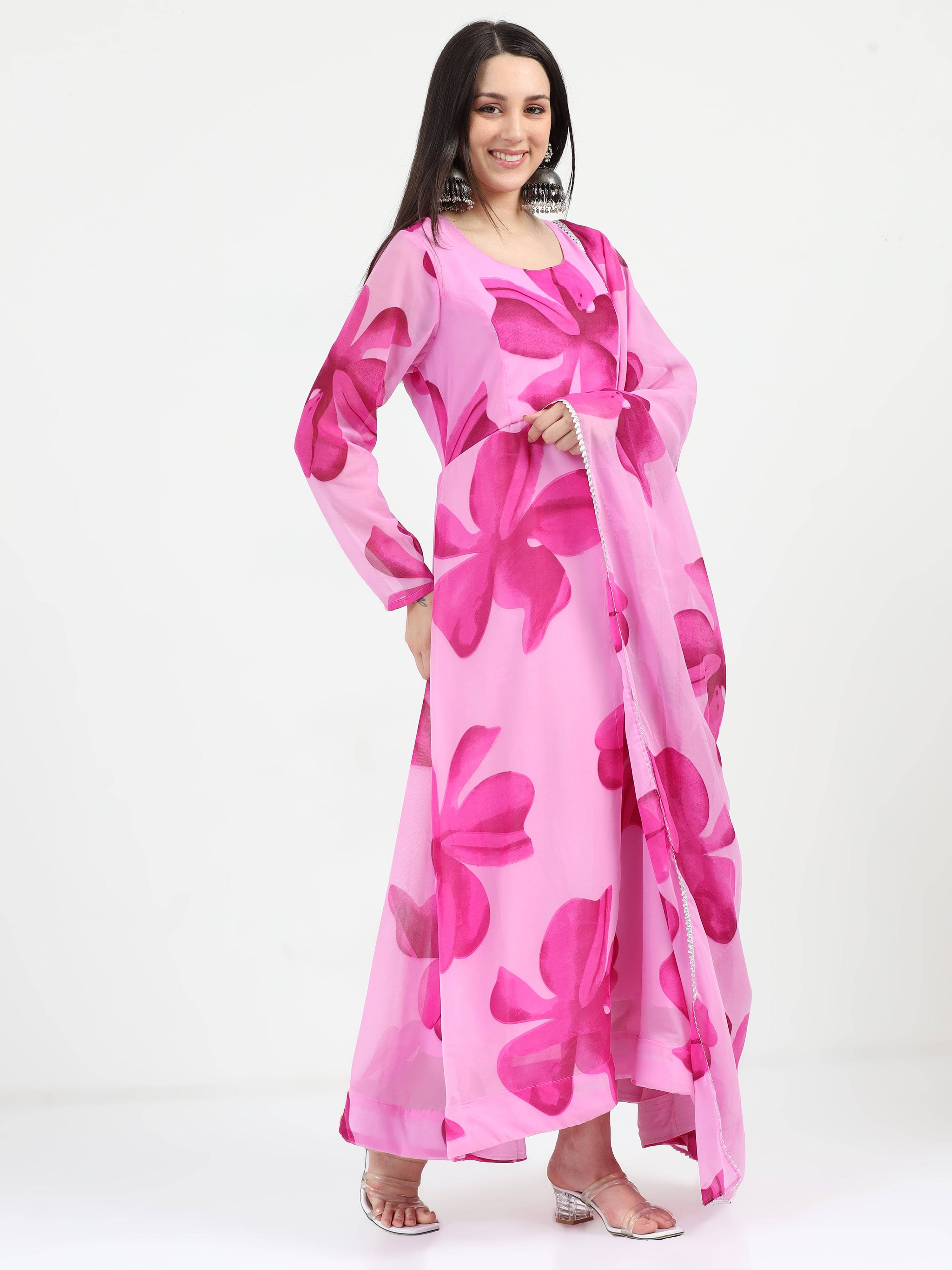 Krunal Raiyani Women's Cotton Blend Printed Fit & Flare Dress ( Pink ) Krunal Raiyani Women's Cotton Blend Printed Fit & Flare Dress ( Pink )
