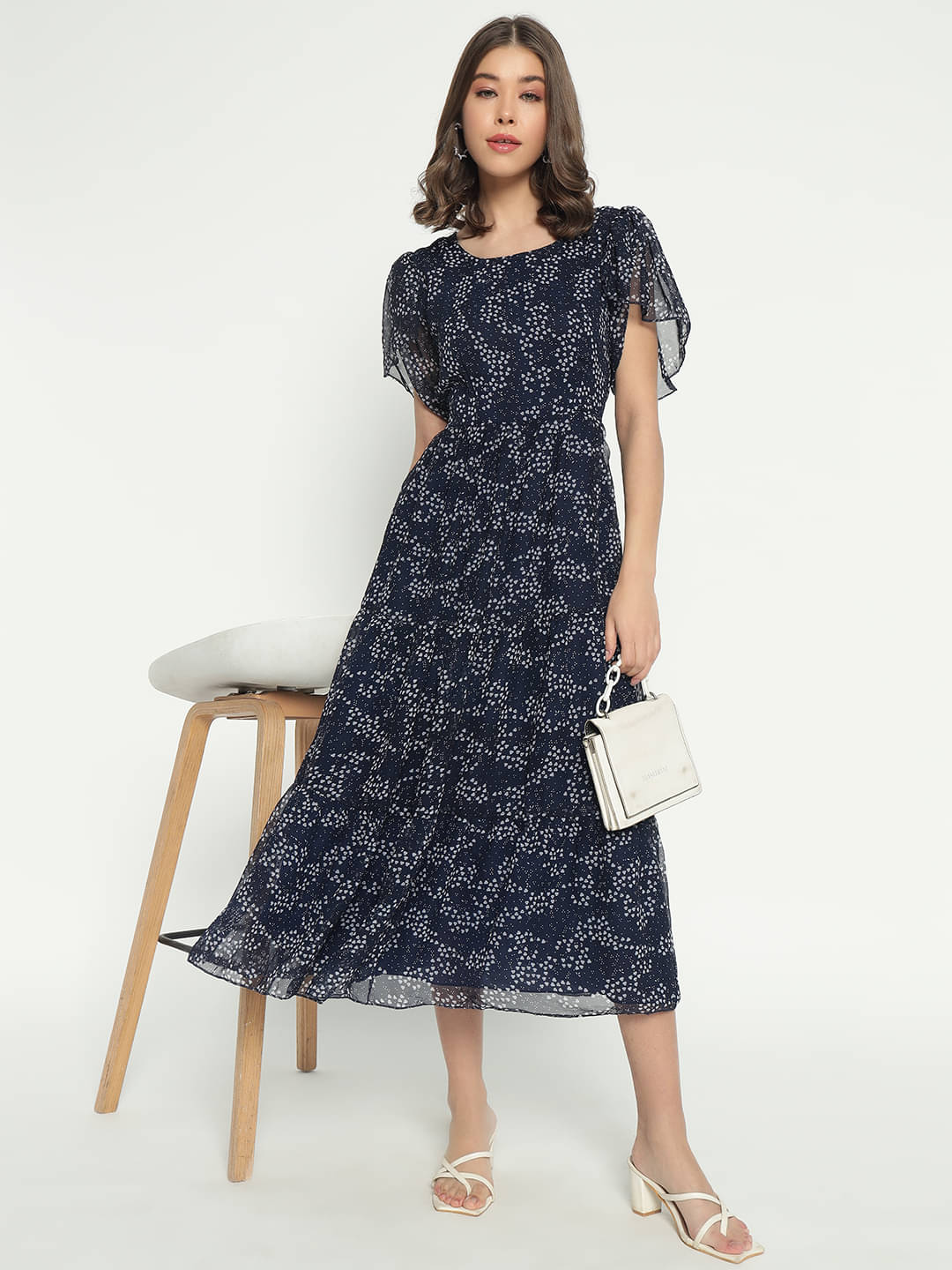 Krunal Raiyani Women's Georgette Printed Fit & Flare Dress ( Blue ) Krunal Raiyani Women's Georgette Printed Fit & Flare Dress ( Blue )