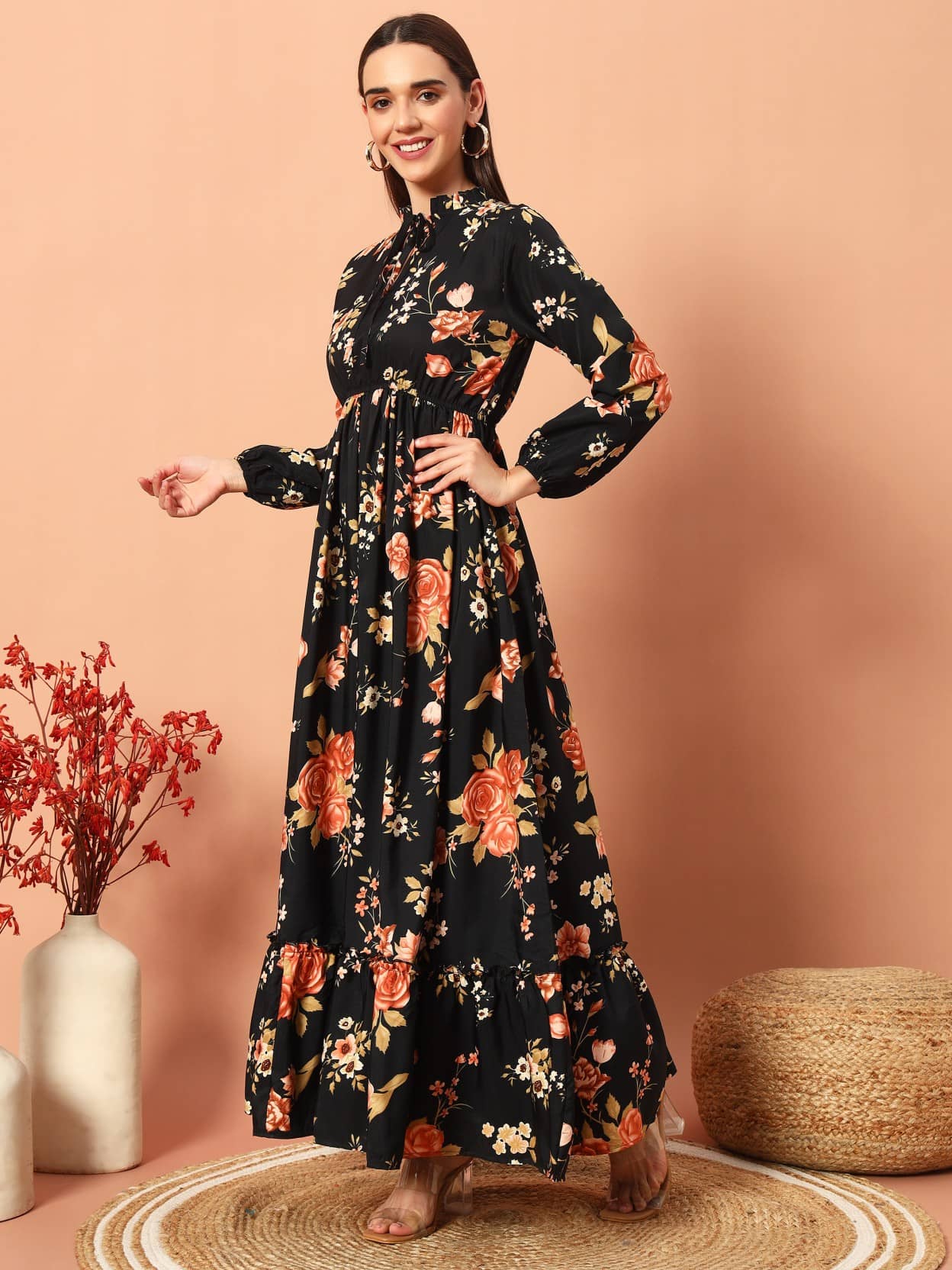 Krunal Raiyani Women's Polyester Printed Fit & Flare Dress ( Gold )