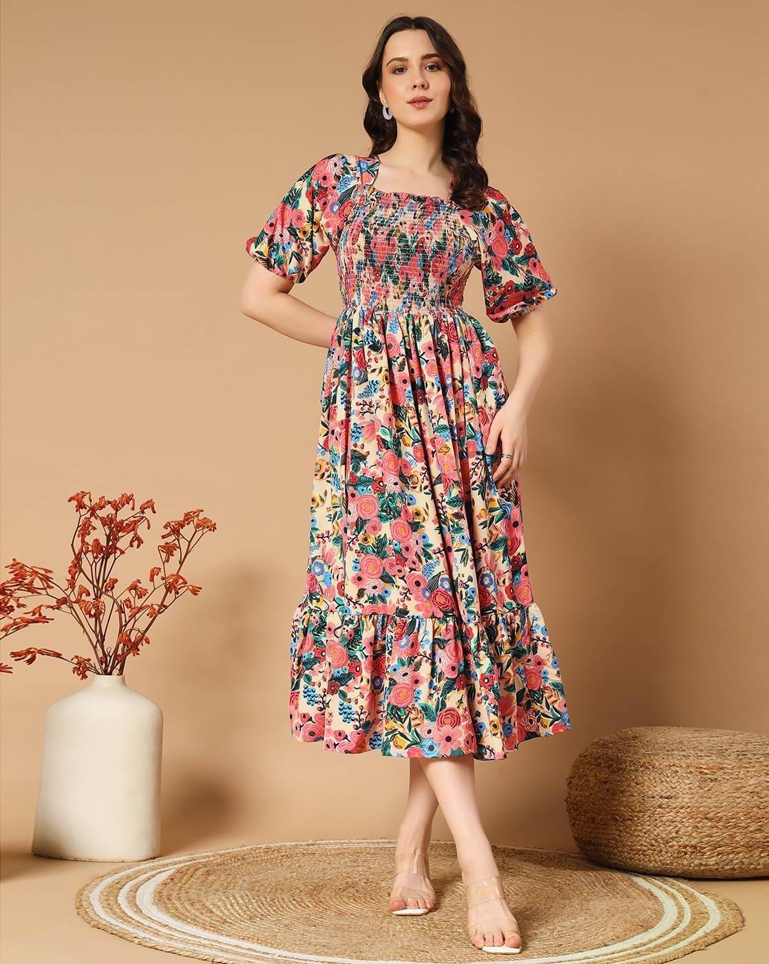 Krunal Raiyani Women's Polyester Printed Fit & Flare Dress ( Beige ) Krunal Raiyani Women's Polyester Printed Fit & Flare Dress ( Beige )