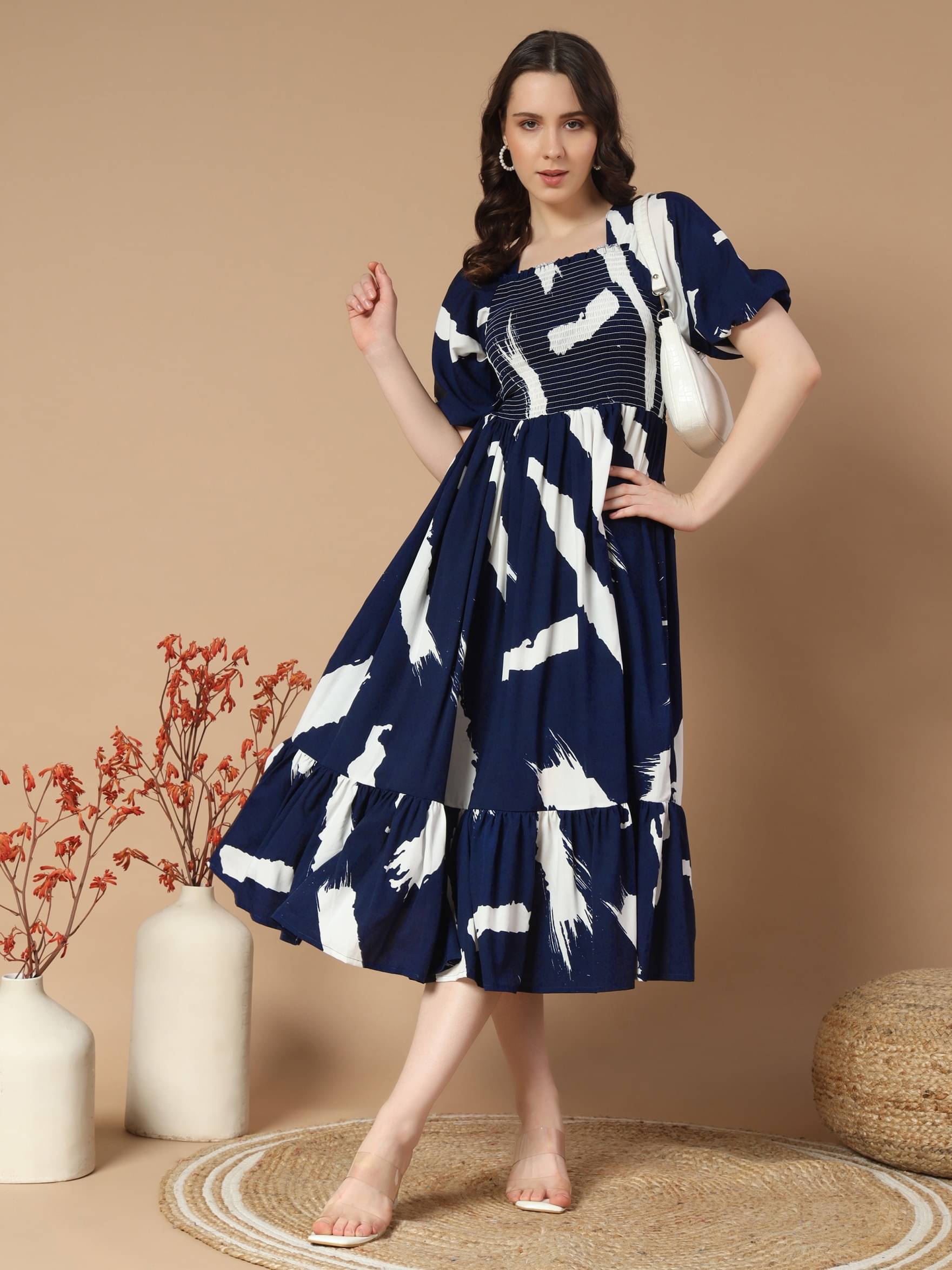 Krunal Raiyani Women's Polyester Printed Fit & Flare Dress ( Navy )     			Krunal Raiyani Women's Polyester Printed Fit & Flare Dress ( Navy )