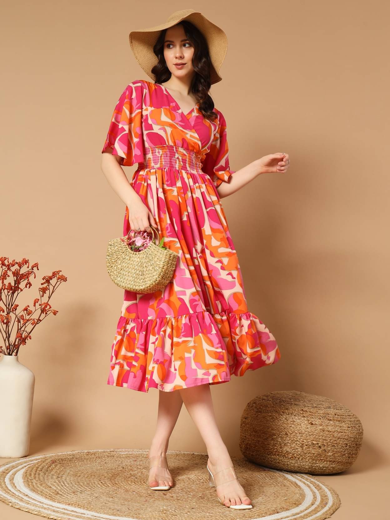 Krunal Raiyani Women's Polyester Printed Fit & Flare Dress ( Orange ) Krunal Raiyani Women's Polyester Printed Fit & Flare Dress ( Orange )