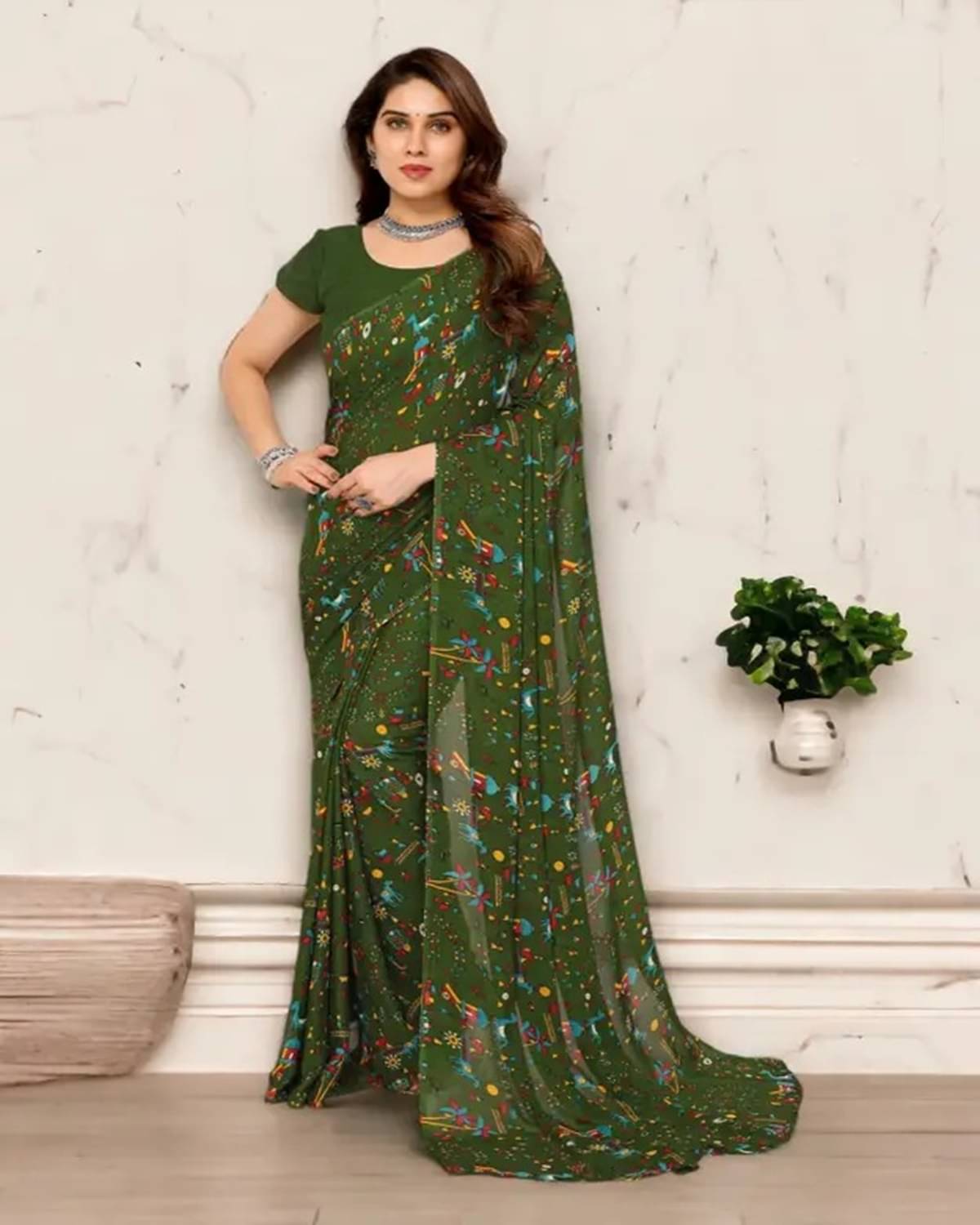 Saadhvi Georgette Printed Saree With Unstitched Blouse Piece ( Light Green ) Saadhvi Georgette Printed Saree With Unstitched Blouse Piece ( Light Green )