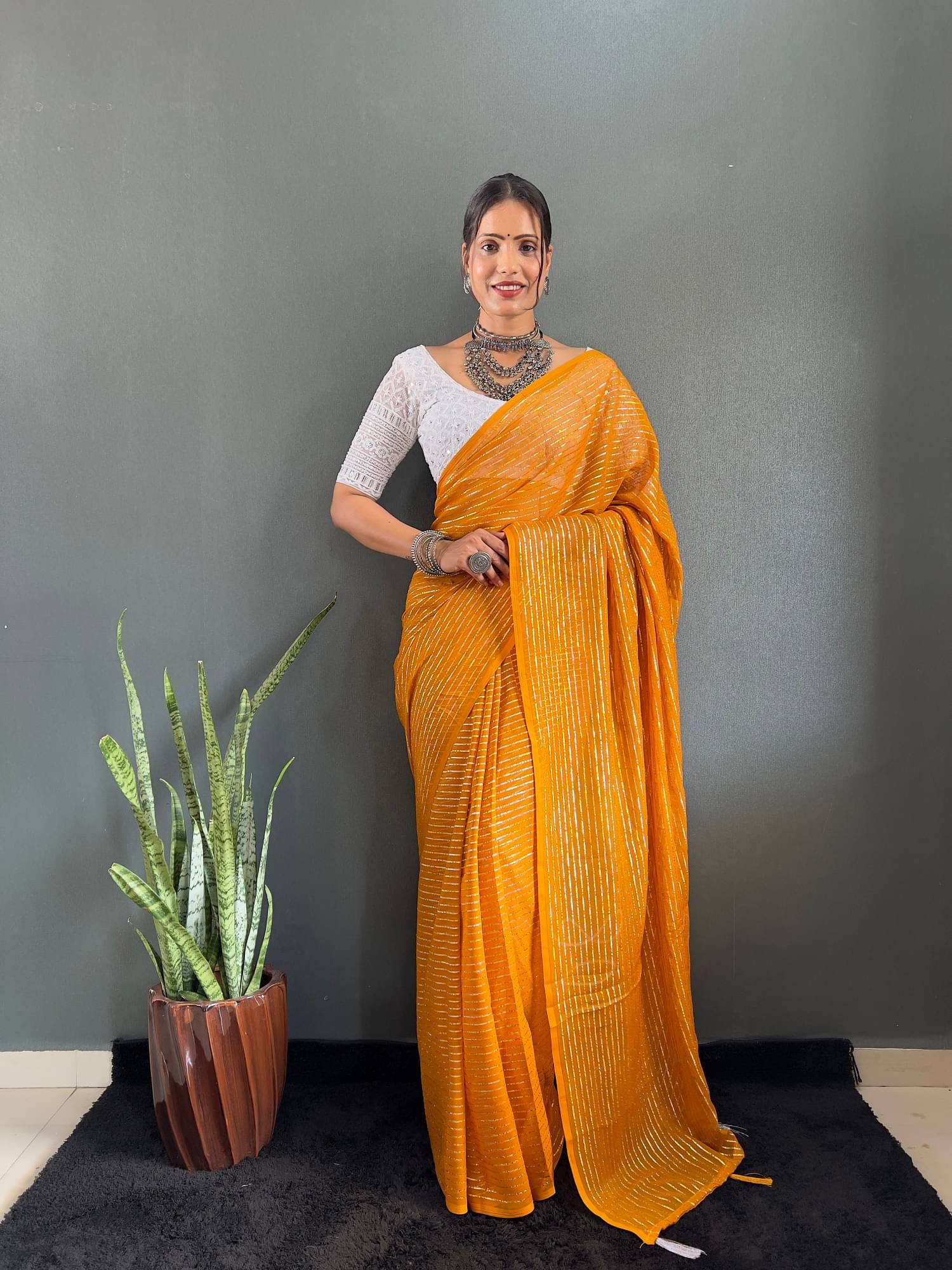 A TO Z CART Chiffon Striped Saree With Unstitched Blouse Piece ( Yellow ) A TO Z CART Chiffon Striped Saree With Unstitched Blouse Piece ( Yellow )