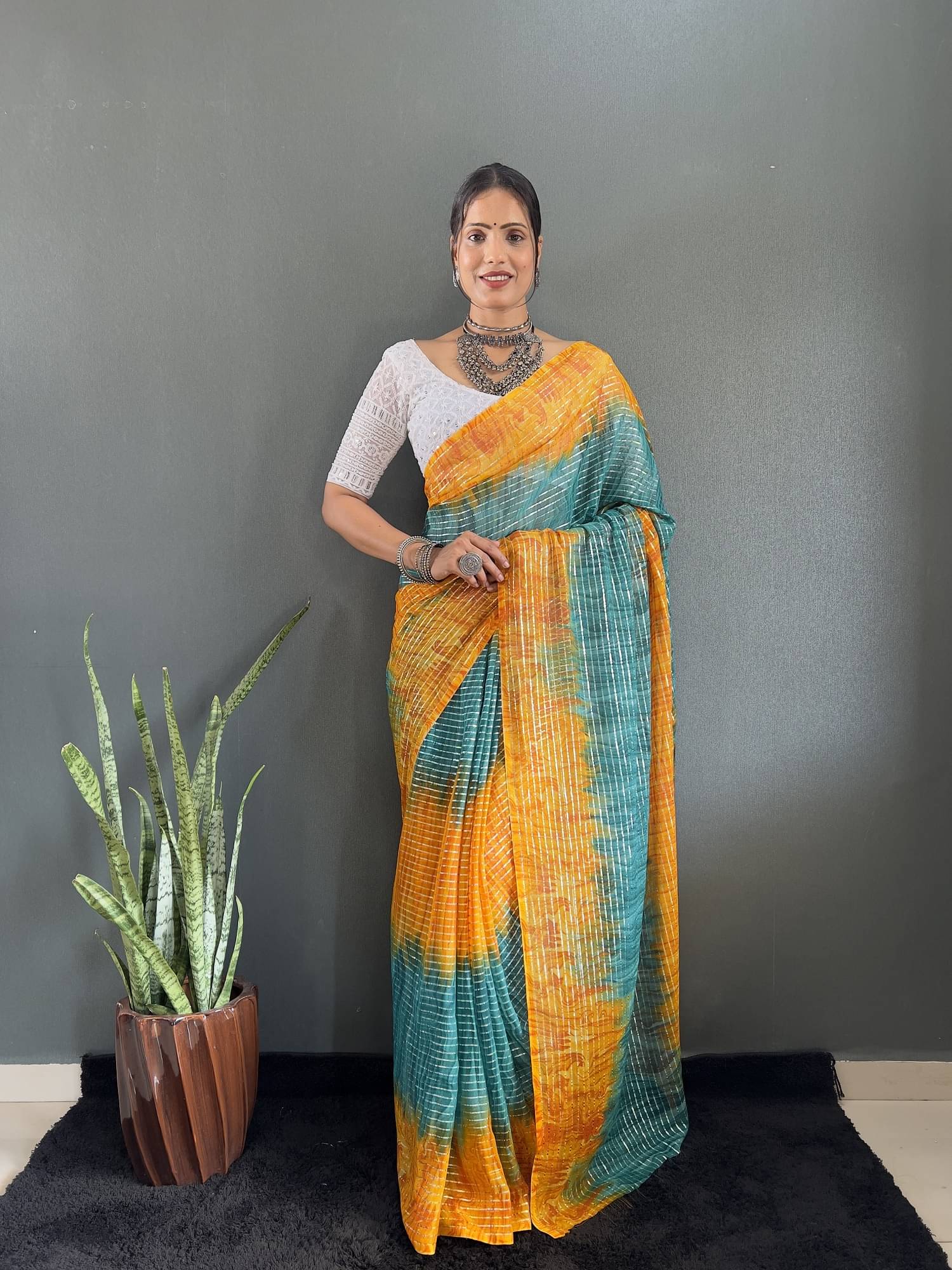 A TO Z CART Chiffon Striped Saree With Unstitched Blouse Piece ( Yellow ) A TO Z CART Chiffon Striped Saree With Unstitched Blouse Piece ( Yellow )