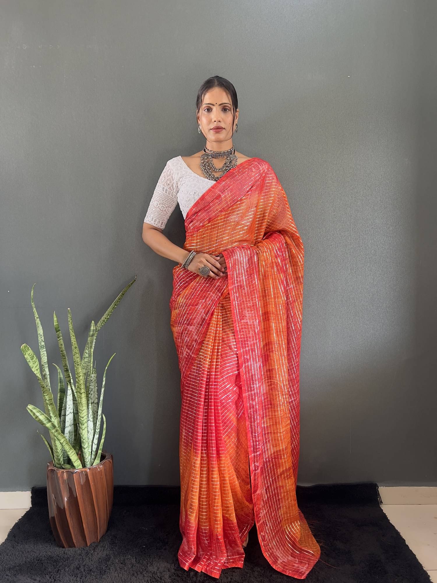 A TO Z CART Chiffon Striped Saree With Unstitched Blouse Piece ( Red ) A TO Z CART Chiffon Striped Saree With Unstitched Blouse Piece ( Red )
