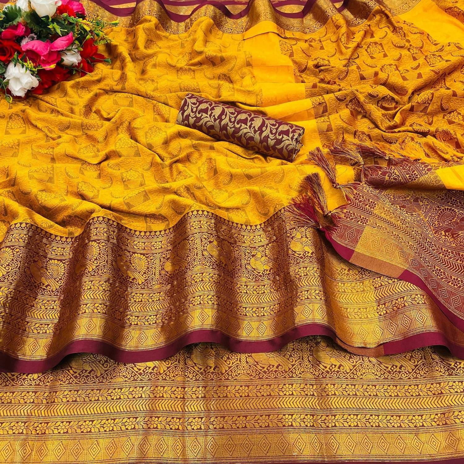 A TO Z CART Cotton Silk Woven Saree With Unstitched Blouse Piece ( Mustard ) A TO Z CART Cotton Silk Woven Saree With Unstitched Blouse Piece ( Mustard )