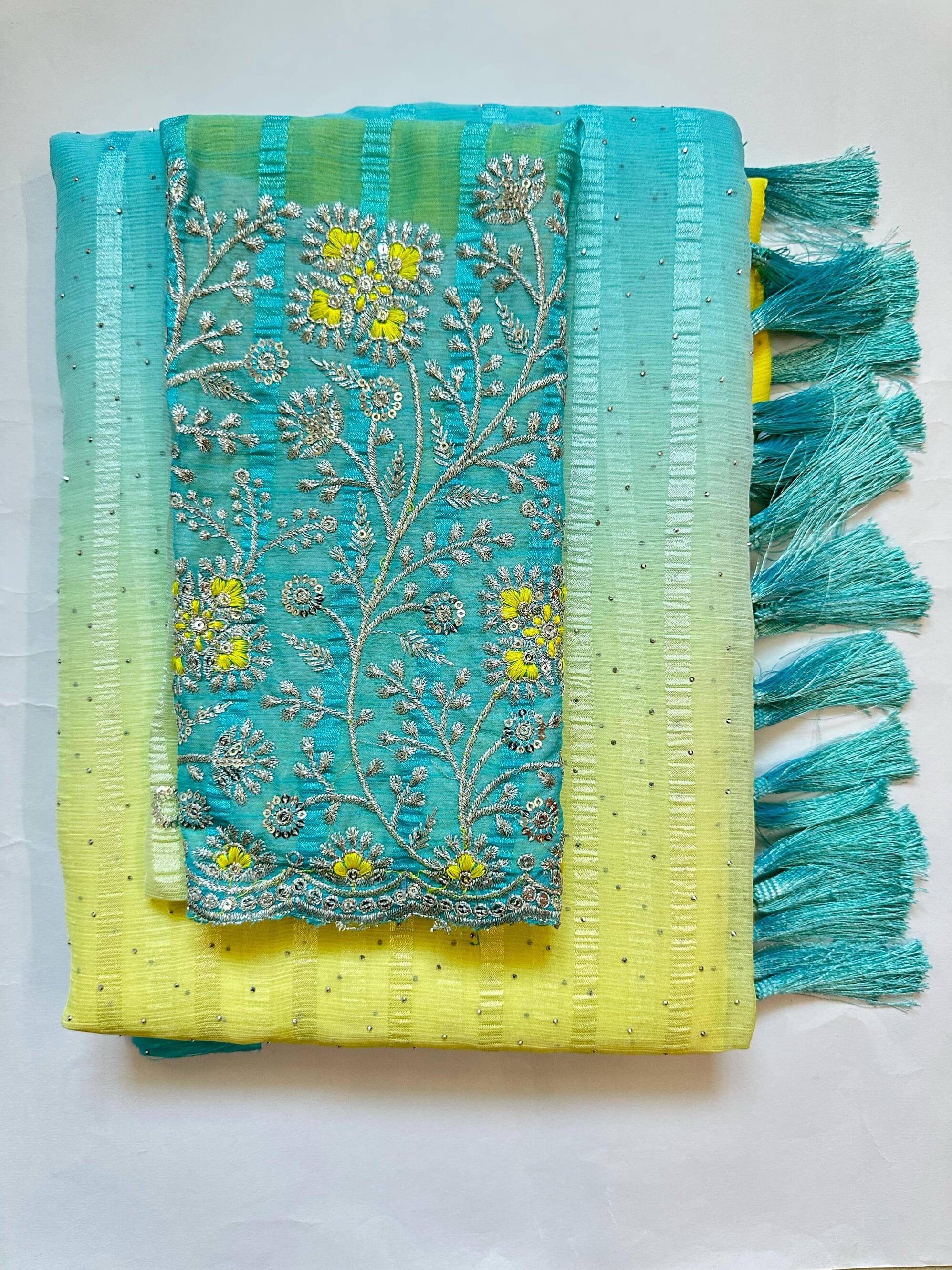 AB Silk Georgette Embellished Saree With Unstitched Blouse Piece ( Yellow ) AB Silk Georgette Embellished Saree With Unstitched Blouse Piece ( Yellow )
