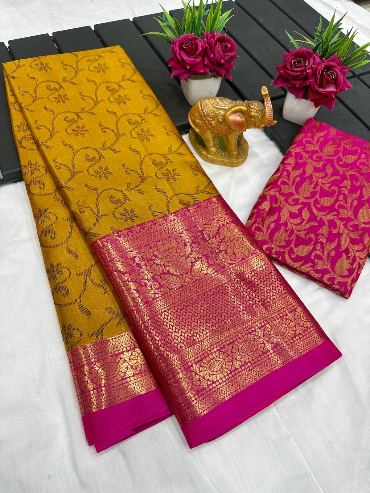 Aika Cotton Silk Woven Saree With Unstitched Blouse Piece ( Mustard ) - Sarees | Buy online on ZillyBuy