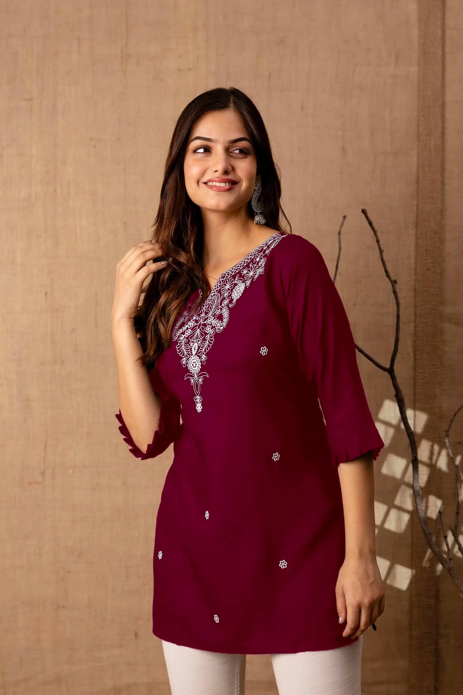 Aura Glam Women's Viscose Rayon Embroidered Straight Kurti - ( Wine ) - Kurtis, Tunics | Buy online on ZillyBuy