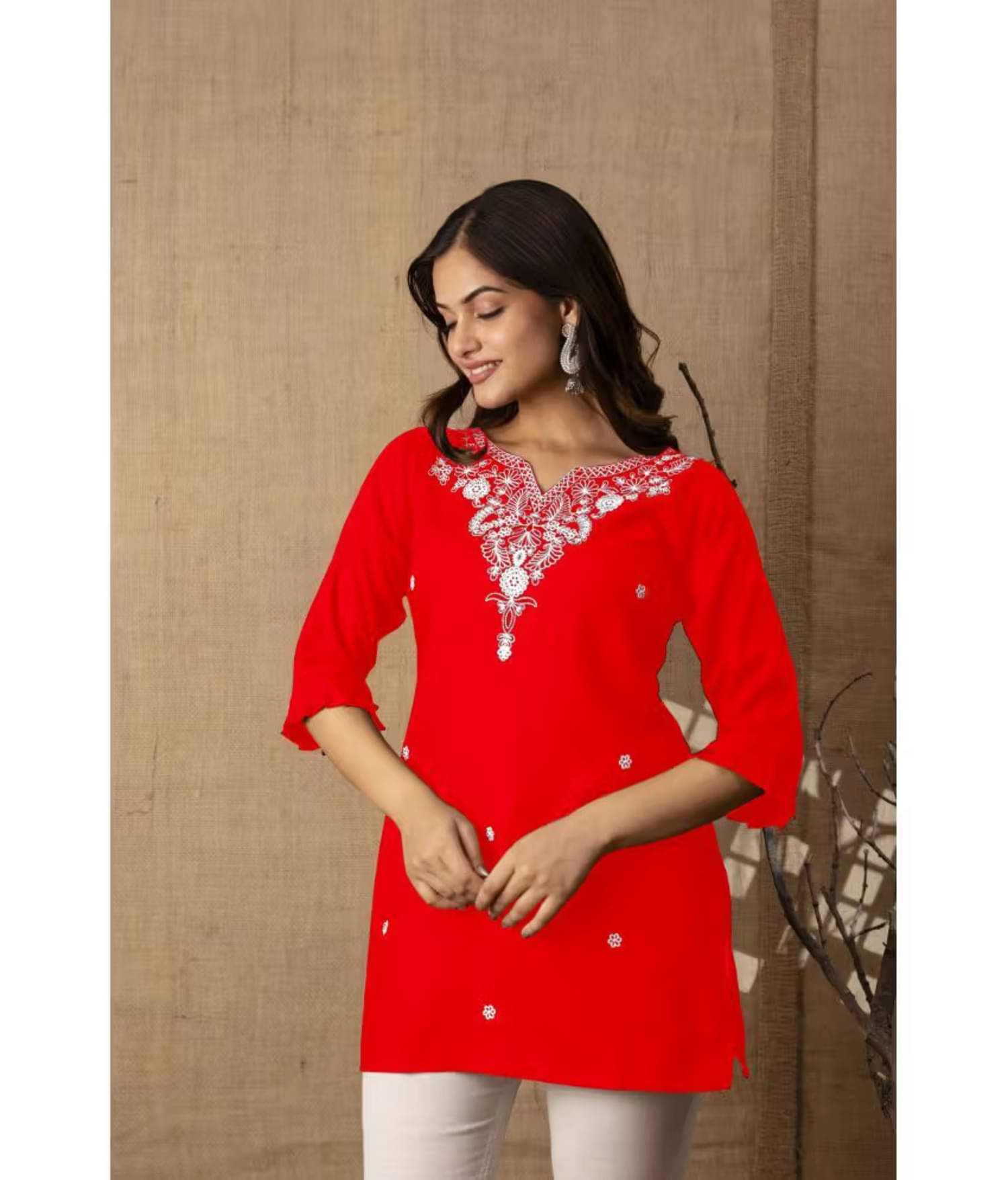     			Aura Glam Women's Viscose Rayon Embroidered Straight Kurti - ( Red )