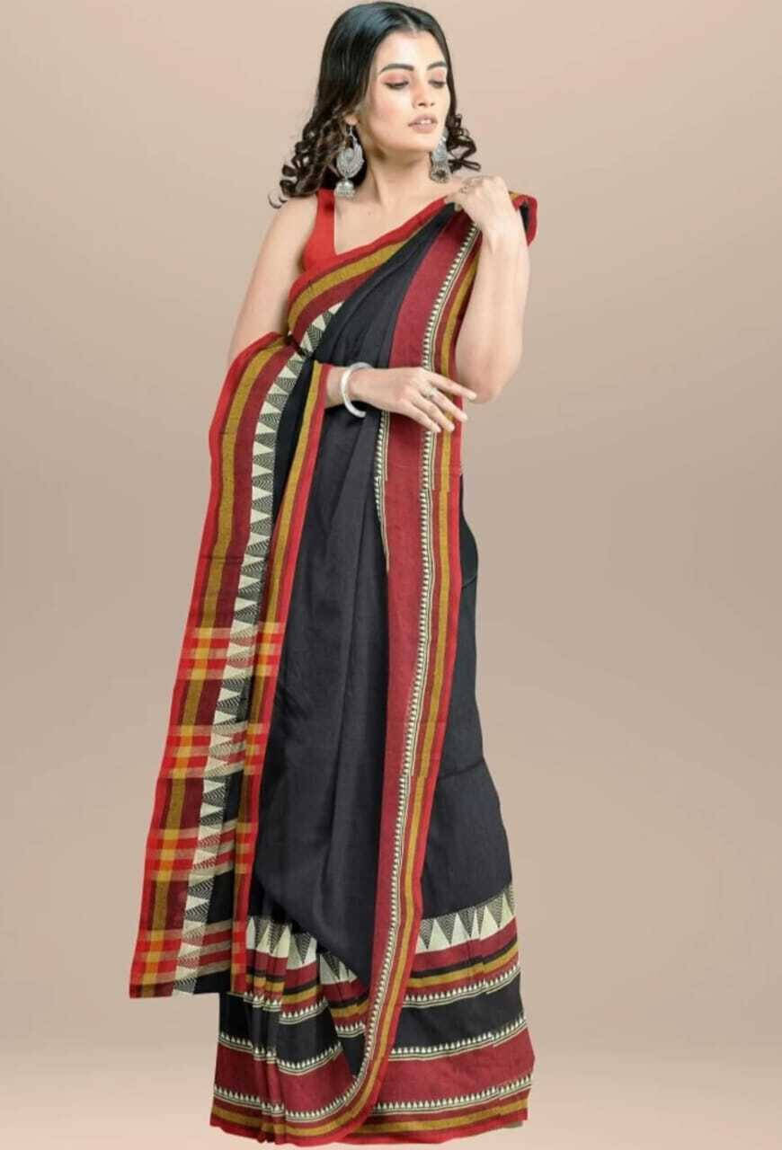 BRYNBRIT Cotton Blend Self Design Saree With Unstitched Blouse Piece ( Black ) BRYNBRIT Cotton Blend Self Design Saree With Unstitched Blouse Piece ( Black )