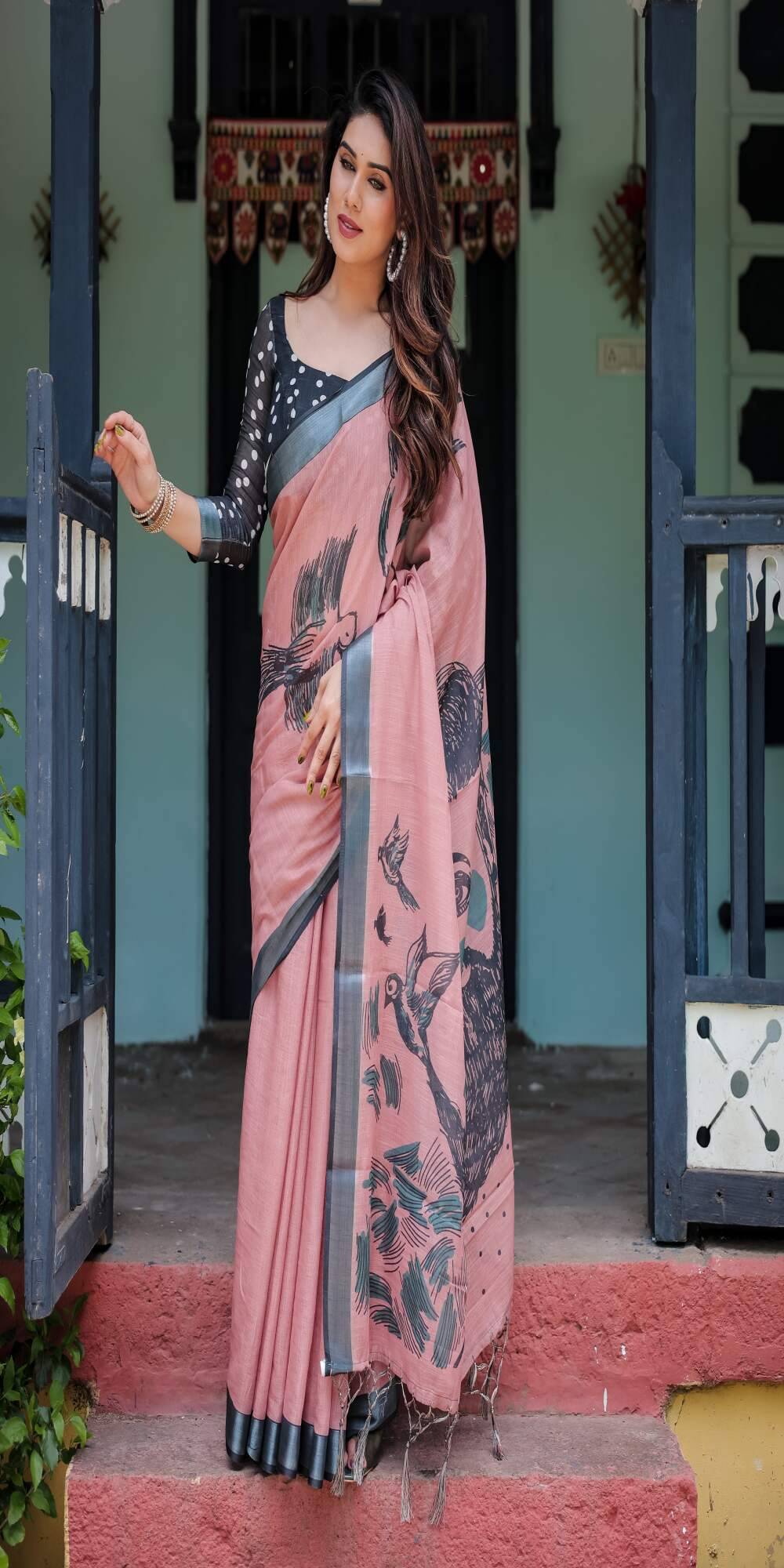     			DHAYNA AND REEWA FASHION Linen Printed Saree With Unstitched Blouse Piece ( Pink )