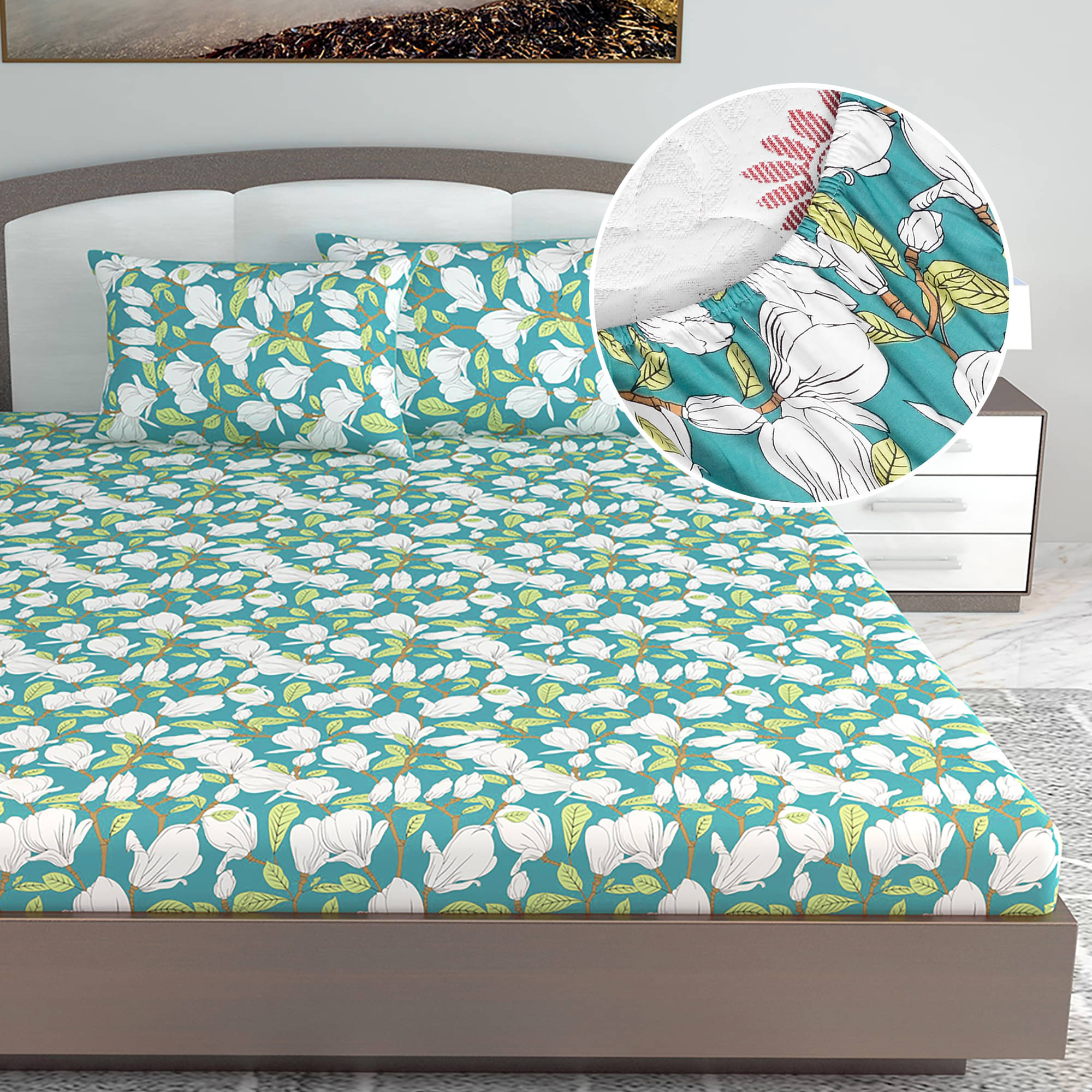     			DIVINE CASA Cotton Floral Fitted ( King Size ) - Blue
