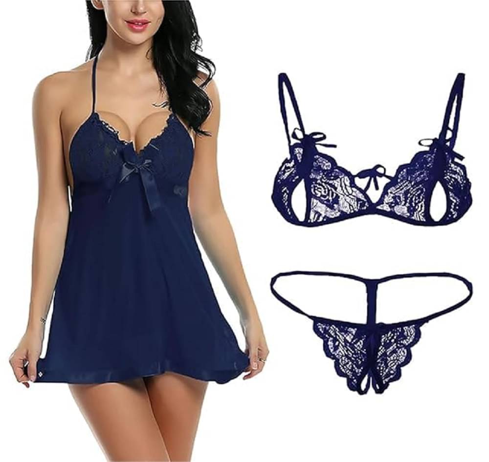     			Estilo Vastra Navy Blue Net Women's Nightwear Baby Doll Dresses With Panty ( Pack of 1 )