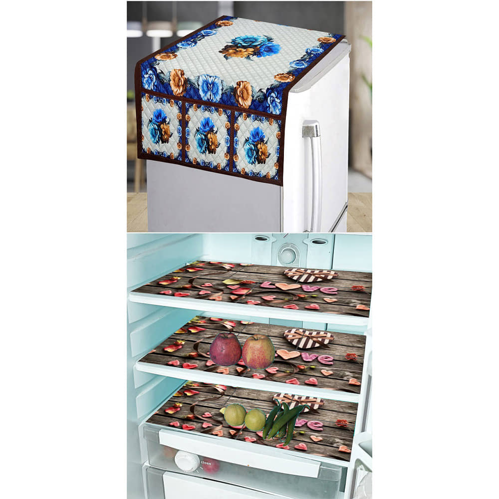 Grisha Cotton Floral Printed Fridge Mat & Cover ( 99 53 ) Pack of 4 - Brown