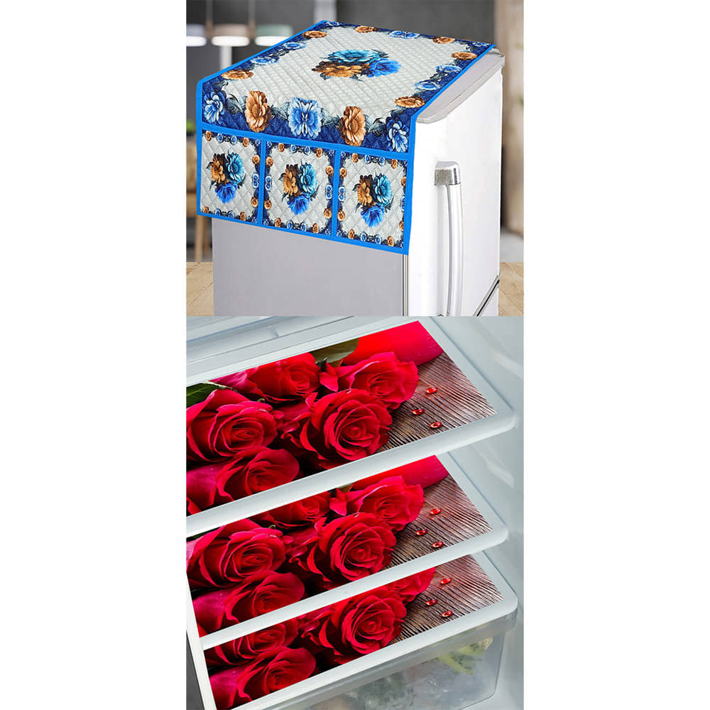 Grisha Cotton Floral Printed Fridge Mat & Cover ( 99 53 ) Pack of 4 - Blue