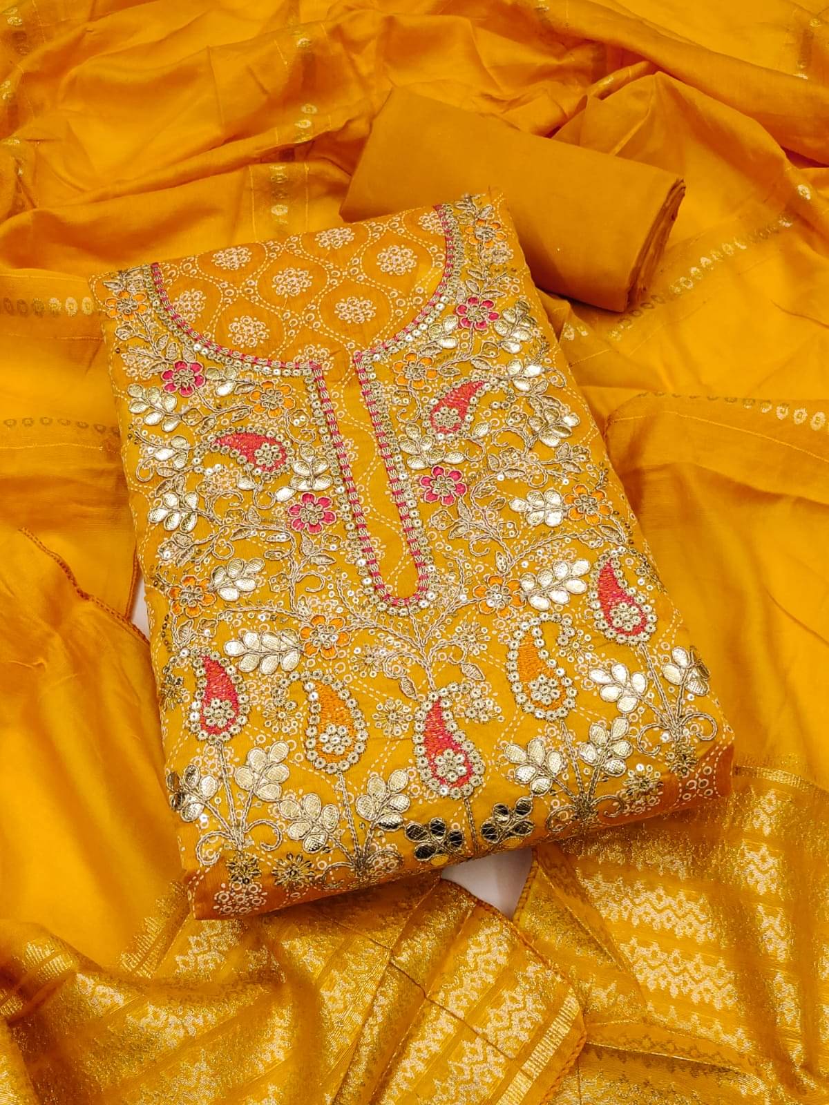     			HL SILKMILLS Women Chanderi Unstitched Dress Material ( Yellow )