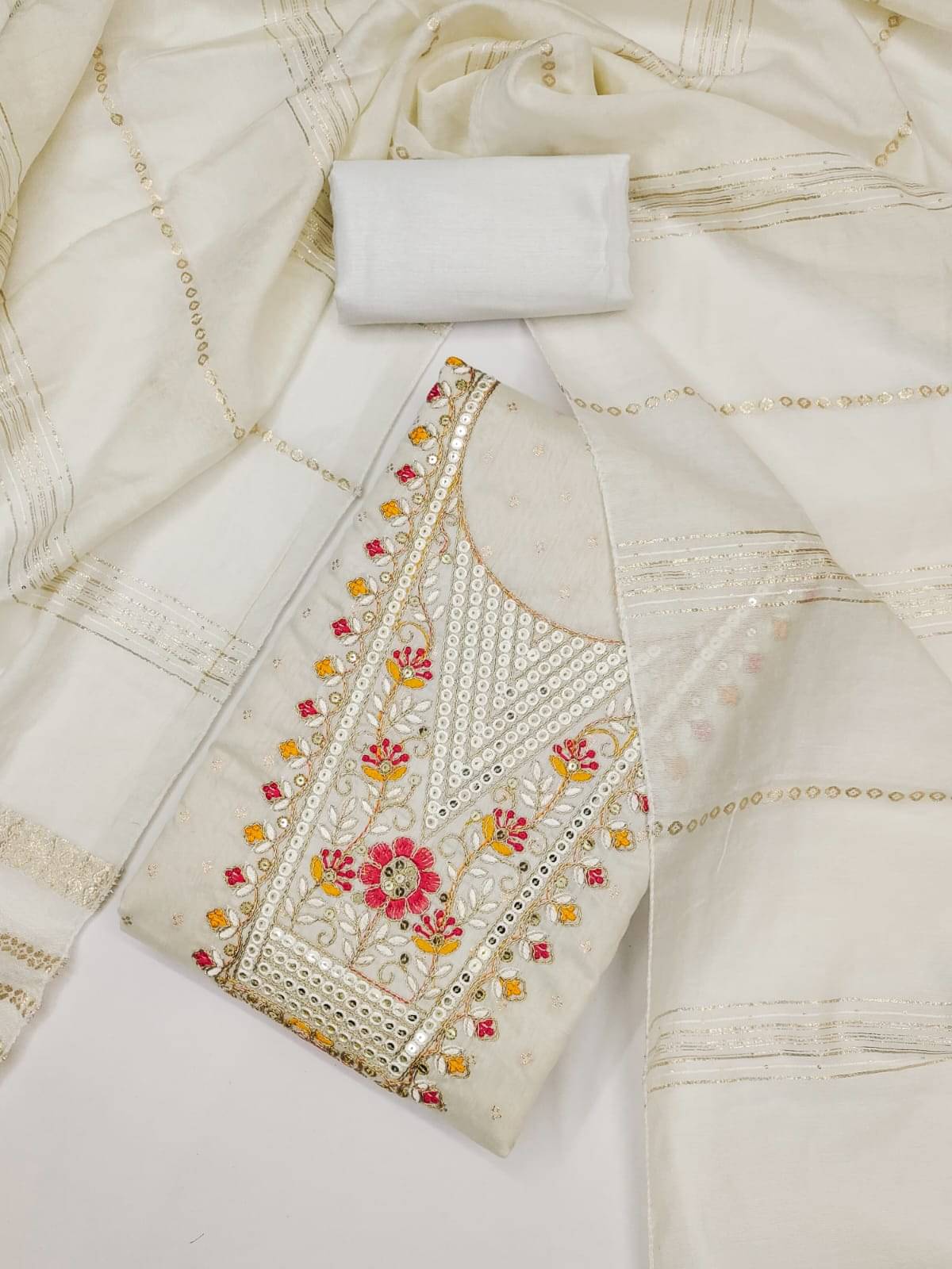     			HL SILKMILLS Women Chanderi Unstitched Dress Material ( White )