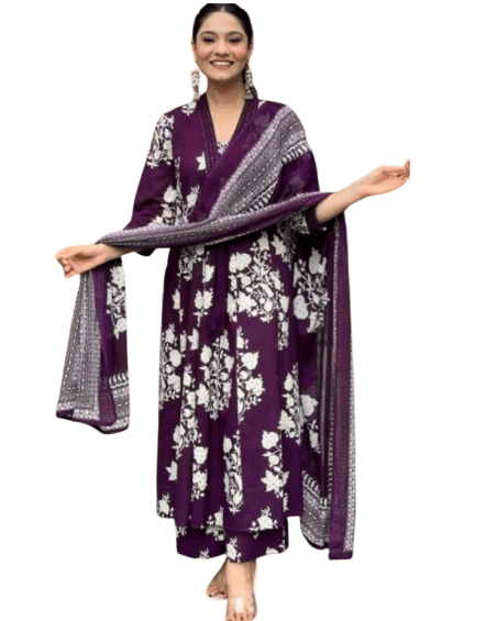 Heavenly Attire Women Cotton Printed Anarkali Kurti With Pants ( Wine )